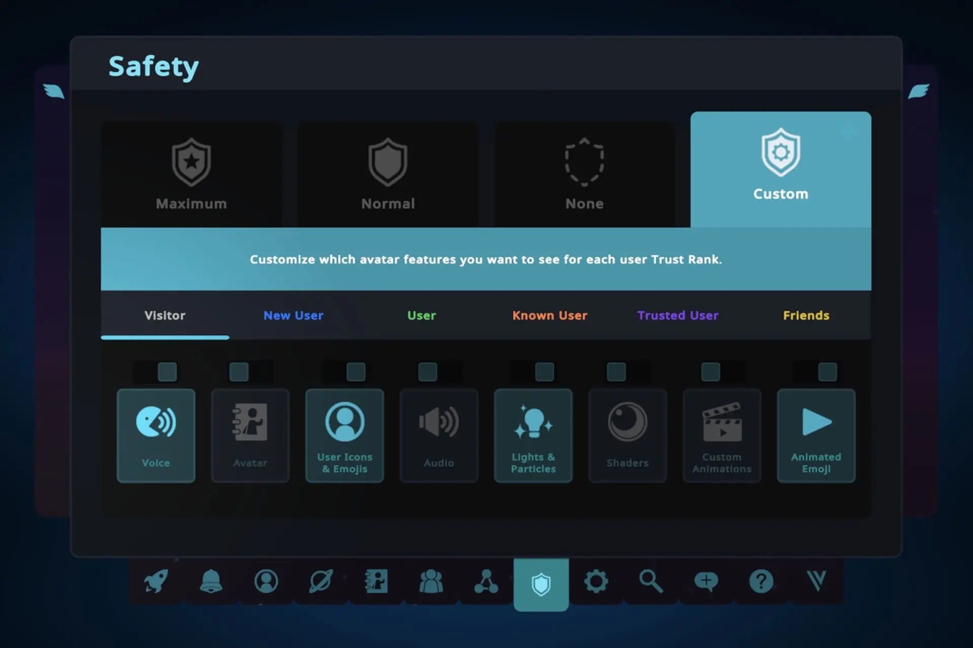 بخش Safety Settings Custom در وی آر چت