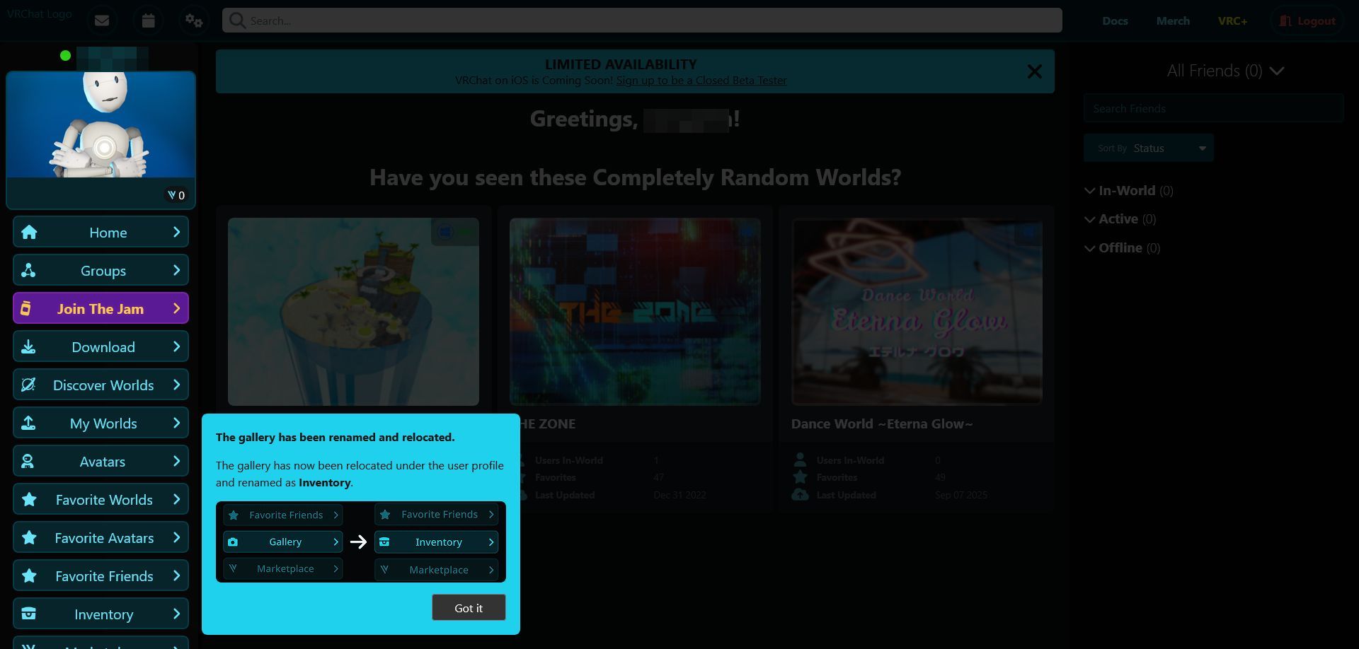 وب‌سایت VRChat هنگام اولین ورود به حساب پس از ثبت‌نام