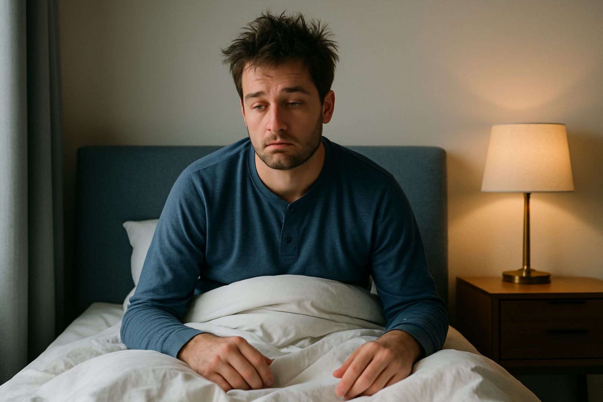 مرد جوانی که تازه از خواب بیدار شده و گیج و خواب‌آلود روی تخت نشسته است