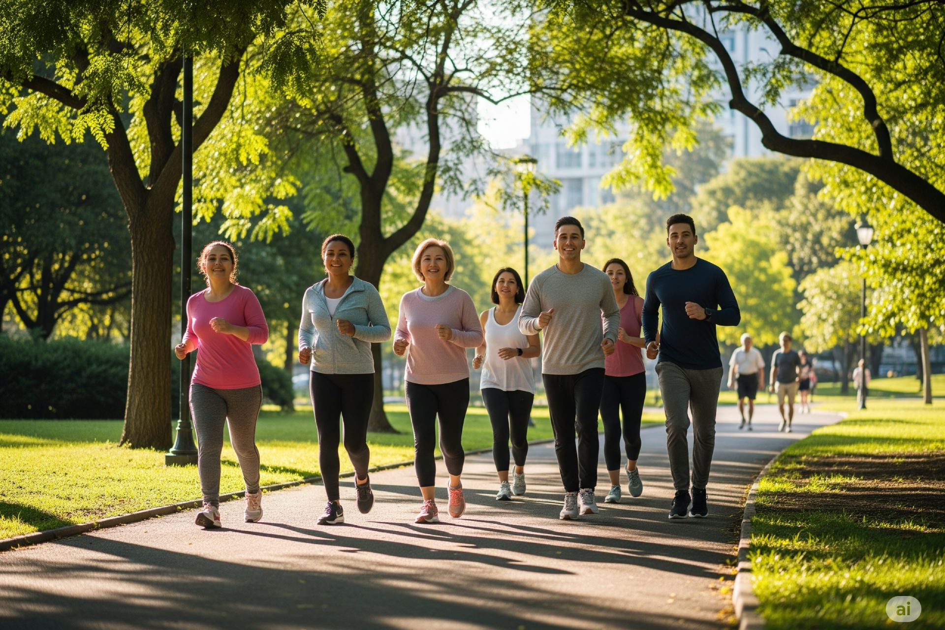 افراد مختلف در حال پیاده‌روی سریع در فضای باز شهری و پارک برای سلامت قلب و طول عمر.
