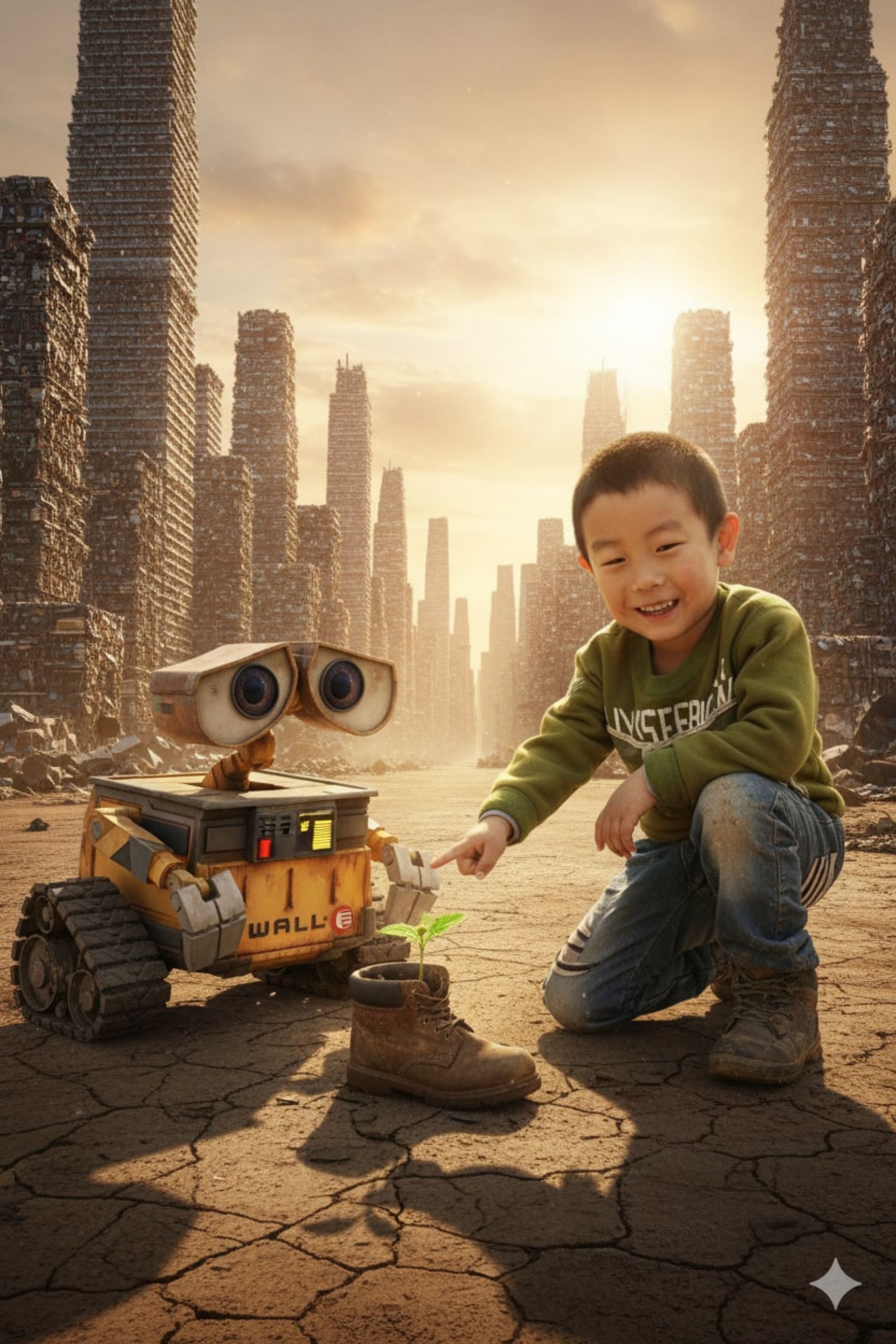 ربات وال-ئی و پسربچه آسیایی خندان در حال کاشت نهال در ویرانه‌های شهری با آسمان غروب