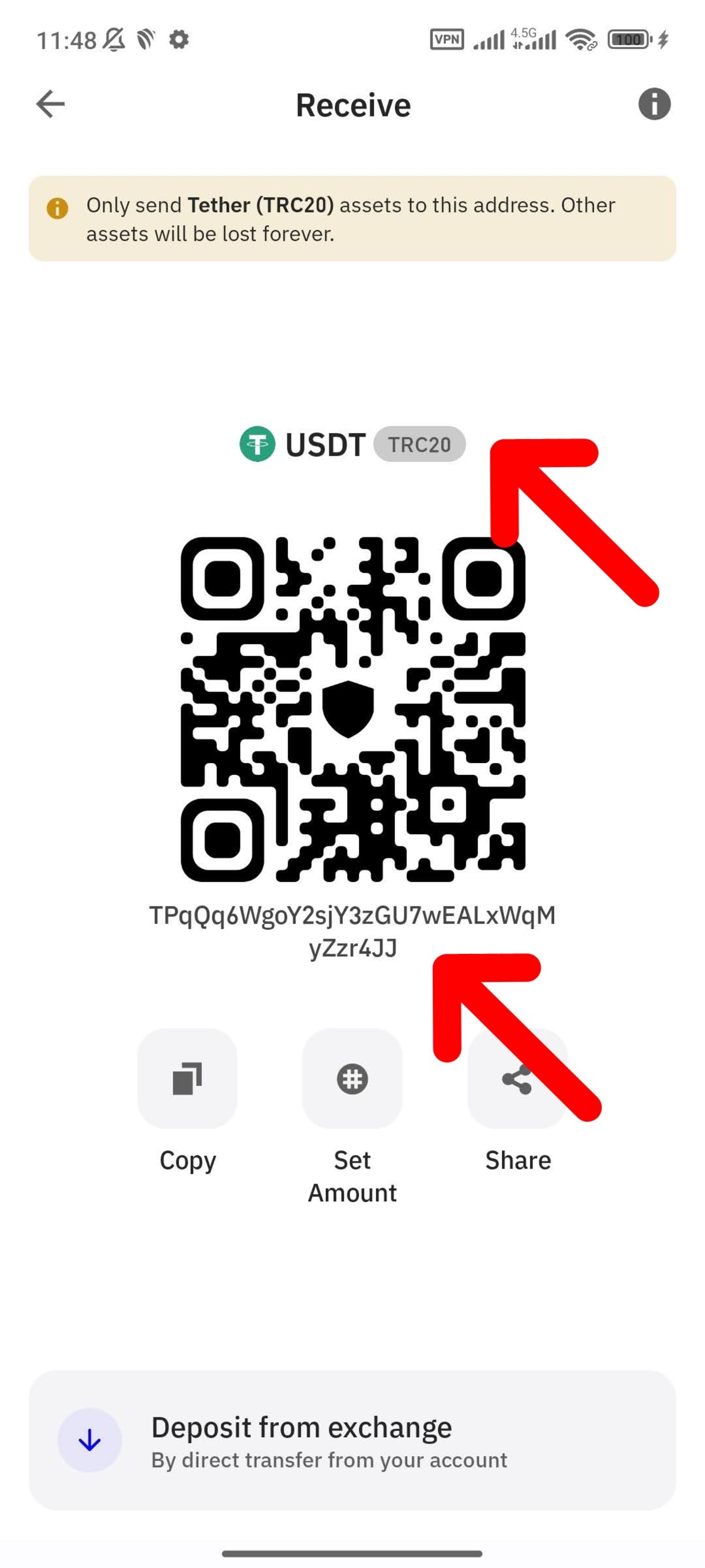 آدرس تتر TRC20 در تراست ولت