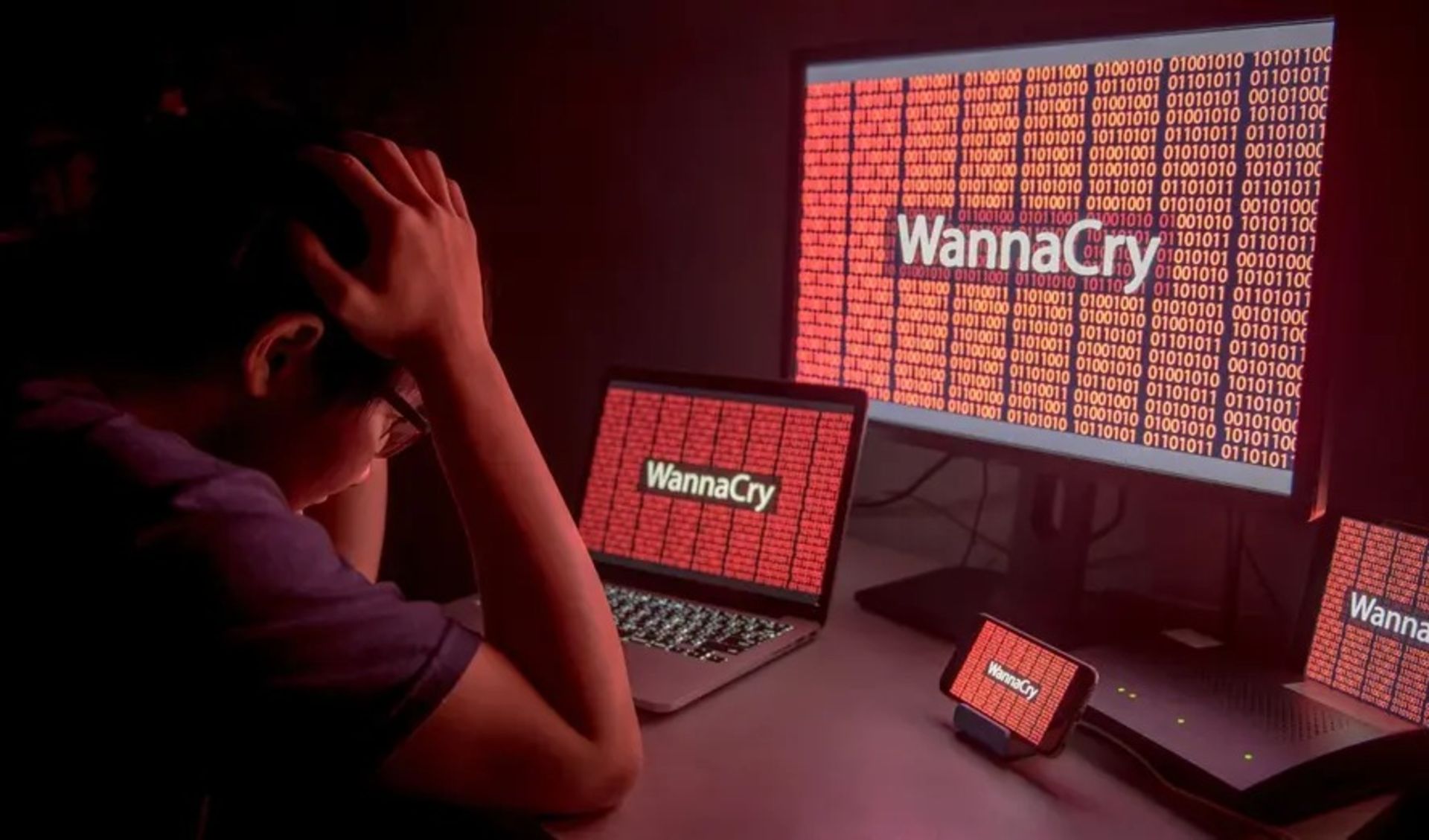 یک پسر جوان مقابل مانیتور و لپ‌تاپ با پیام WannaCry