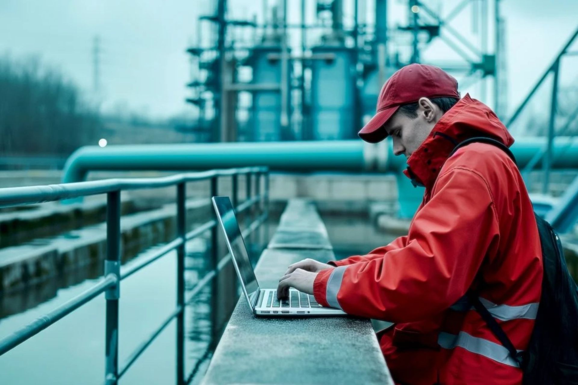 مردی درحال کار با لپ تاپ در تأسیسات آب