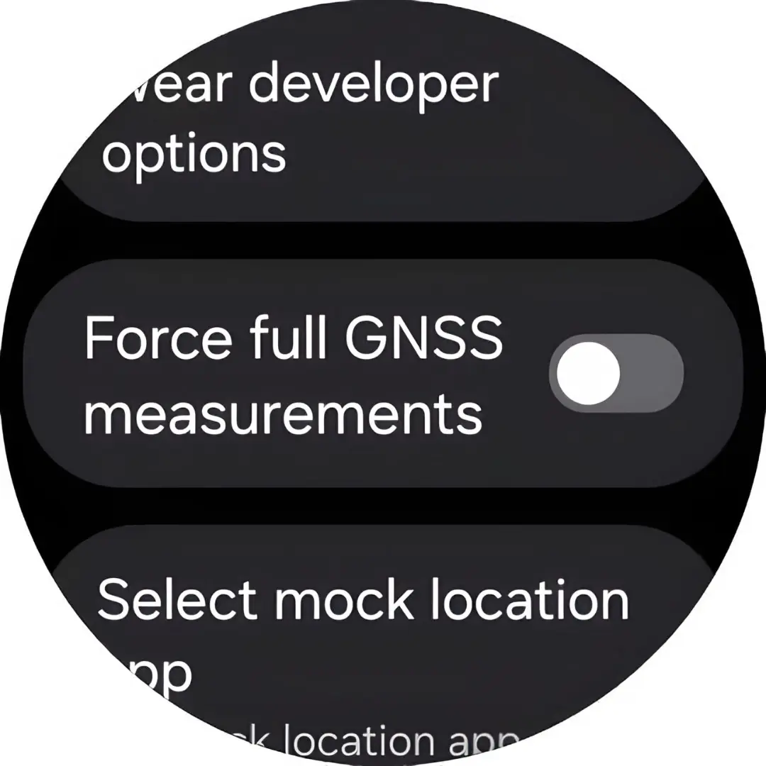 منوی تنظیمات توسعه‌دهنده (Wear developer options) در ساعت هوشمند با گزینه Force full GNSS measurements
