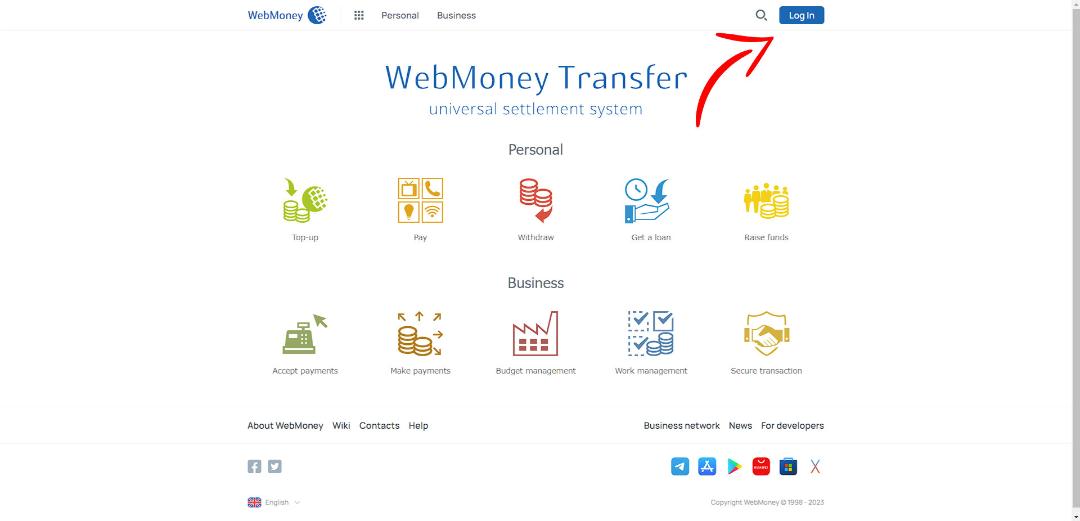 صفحه اول سایت وب مانی و  فلش قرمزی که log in را نشان می‌دهد