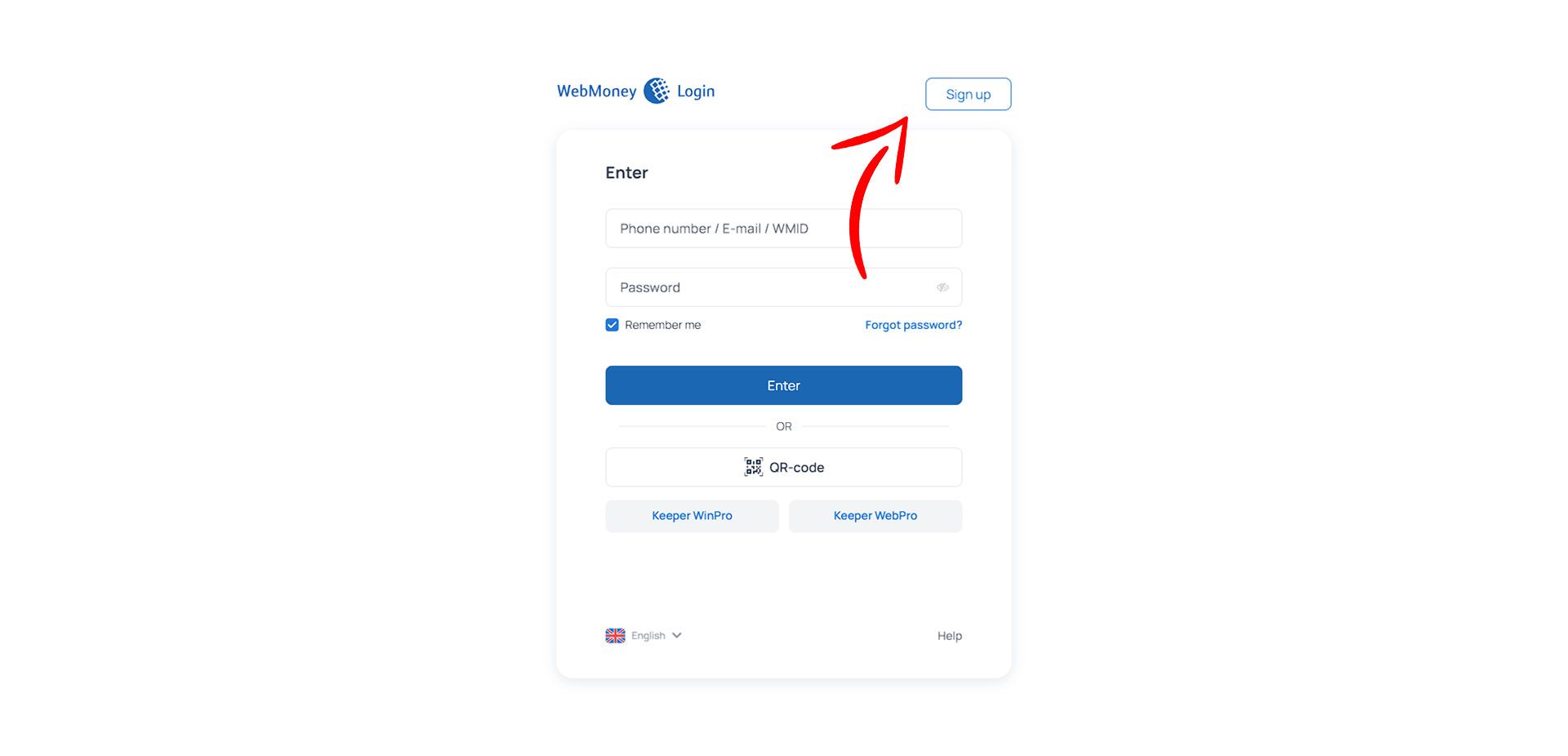 صفحه اول ورود اطلاعات حساب وب مانی و  فلش قرمزی که sign up را نشان می‌دهد