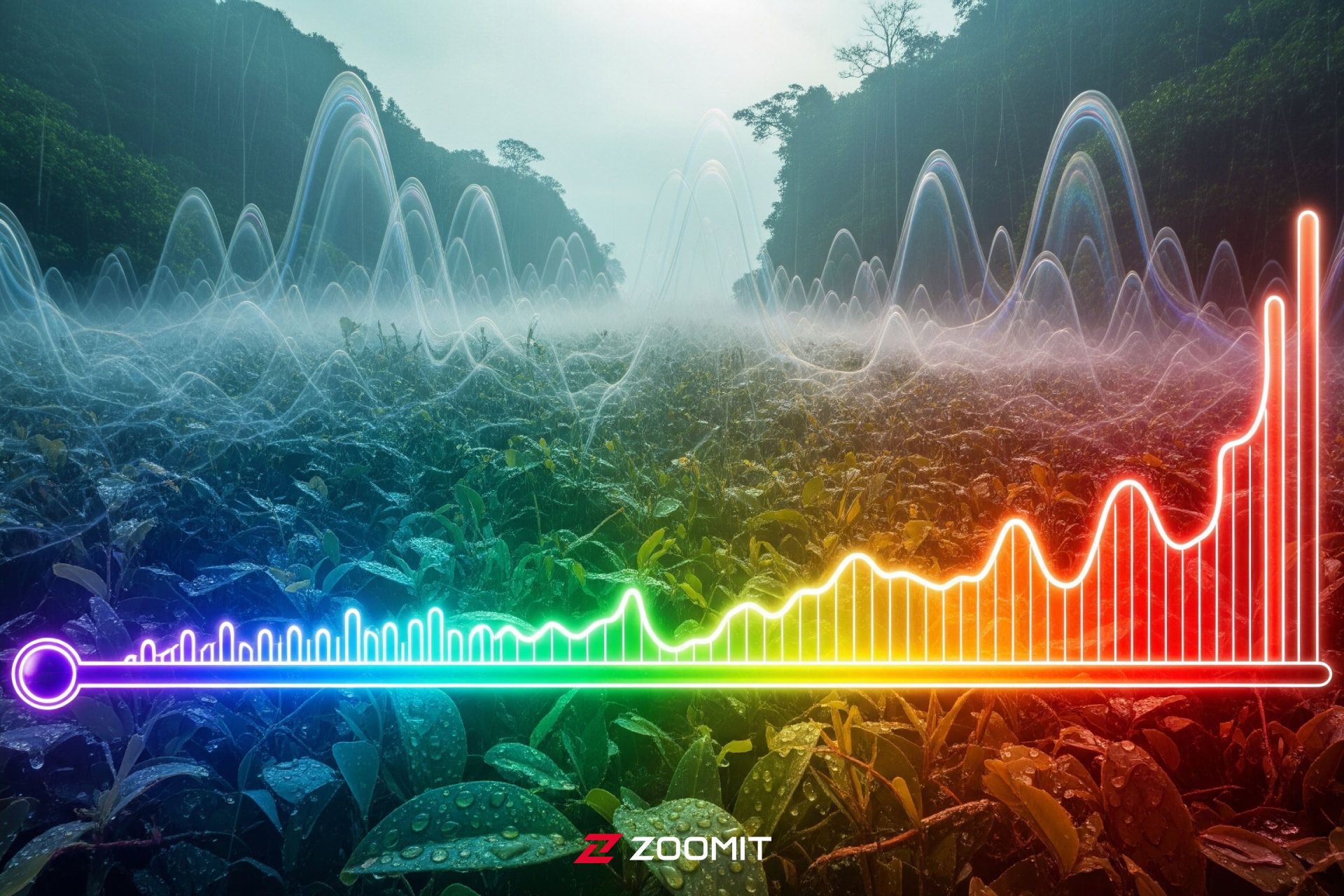 تصویرسازی هایپررئال گرمای مرطوب شدید زمین با شاخص «حباب تر» با رنگ‌های هشداردهنده قرمز و نارنجی.