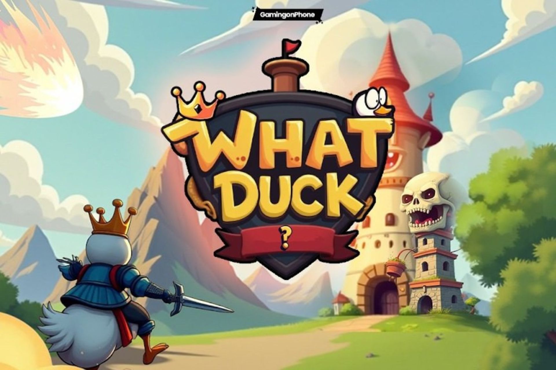 اردک کارتونی در مقابل یک قلعه و لوگو WHAT DUCK