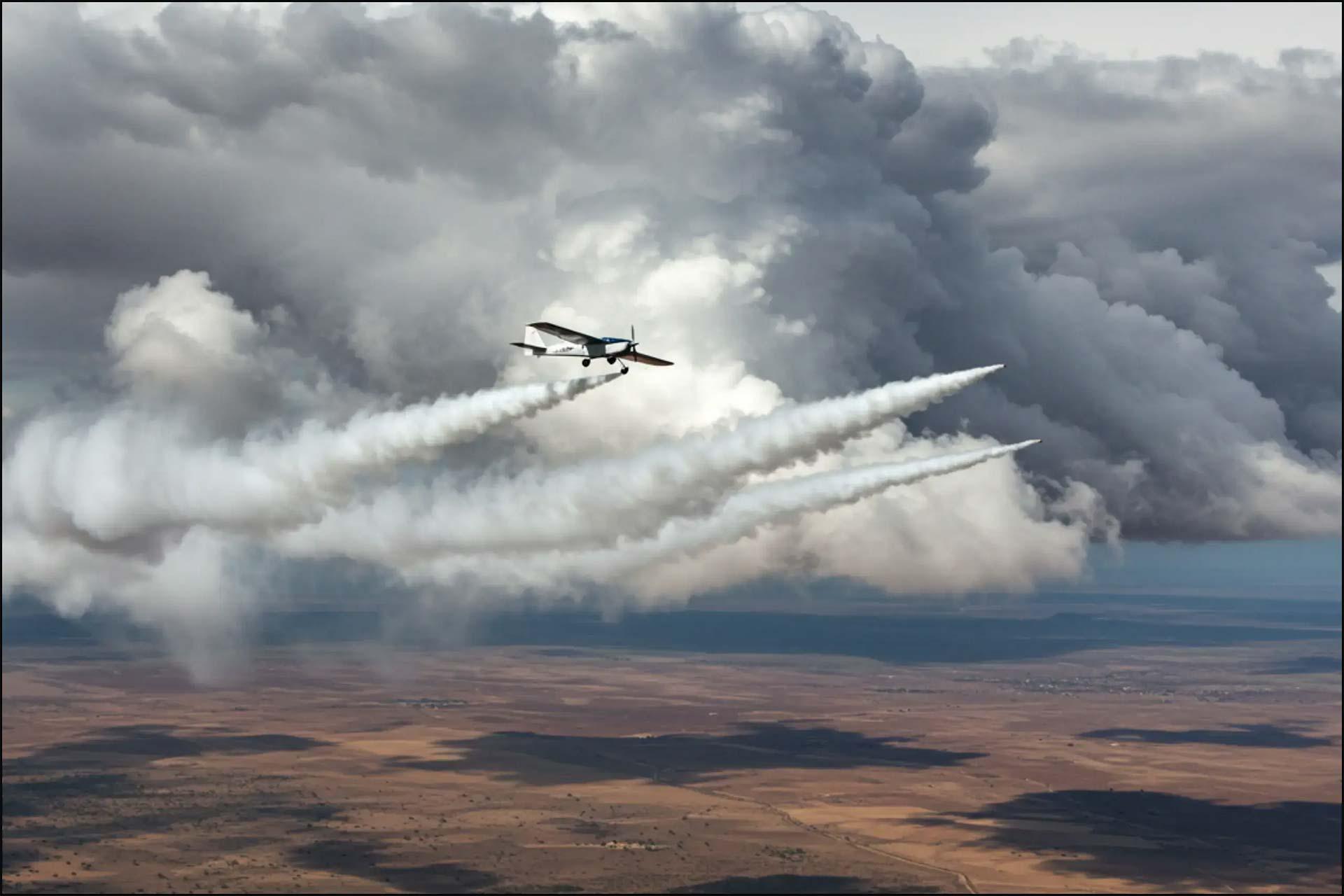 چند هواپیما برفراز زمین خشک درحال پاشیدن مواد به درون ابرها