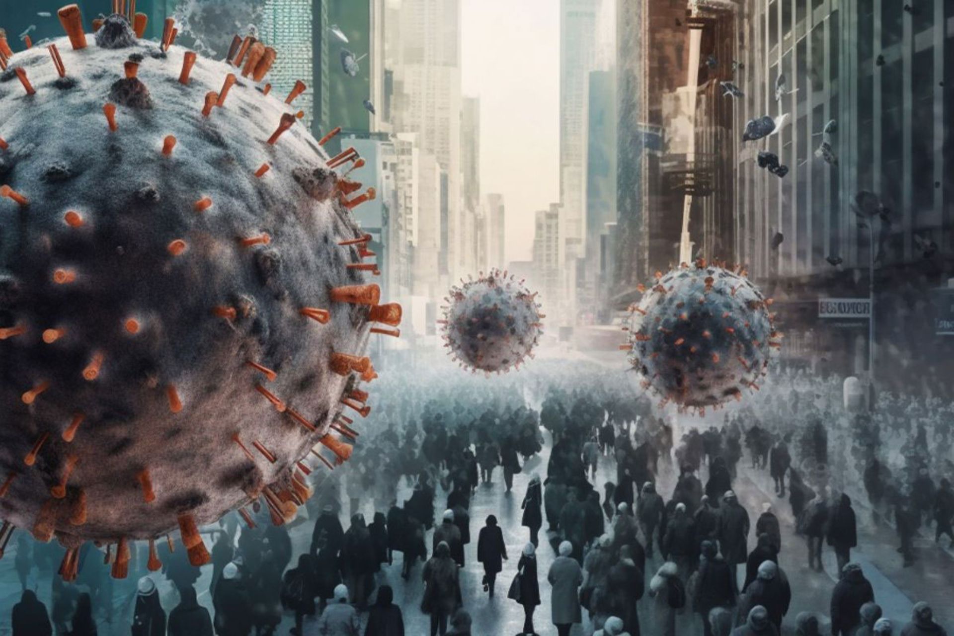 تصویرسازی از ویروس‌ها در اندازه بسیار بزرگ برفراز جمعیتی در خیابان