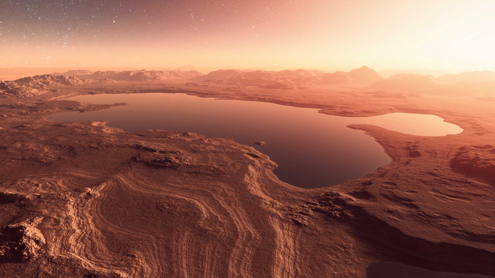 Computer image of Mars with water lakes