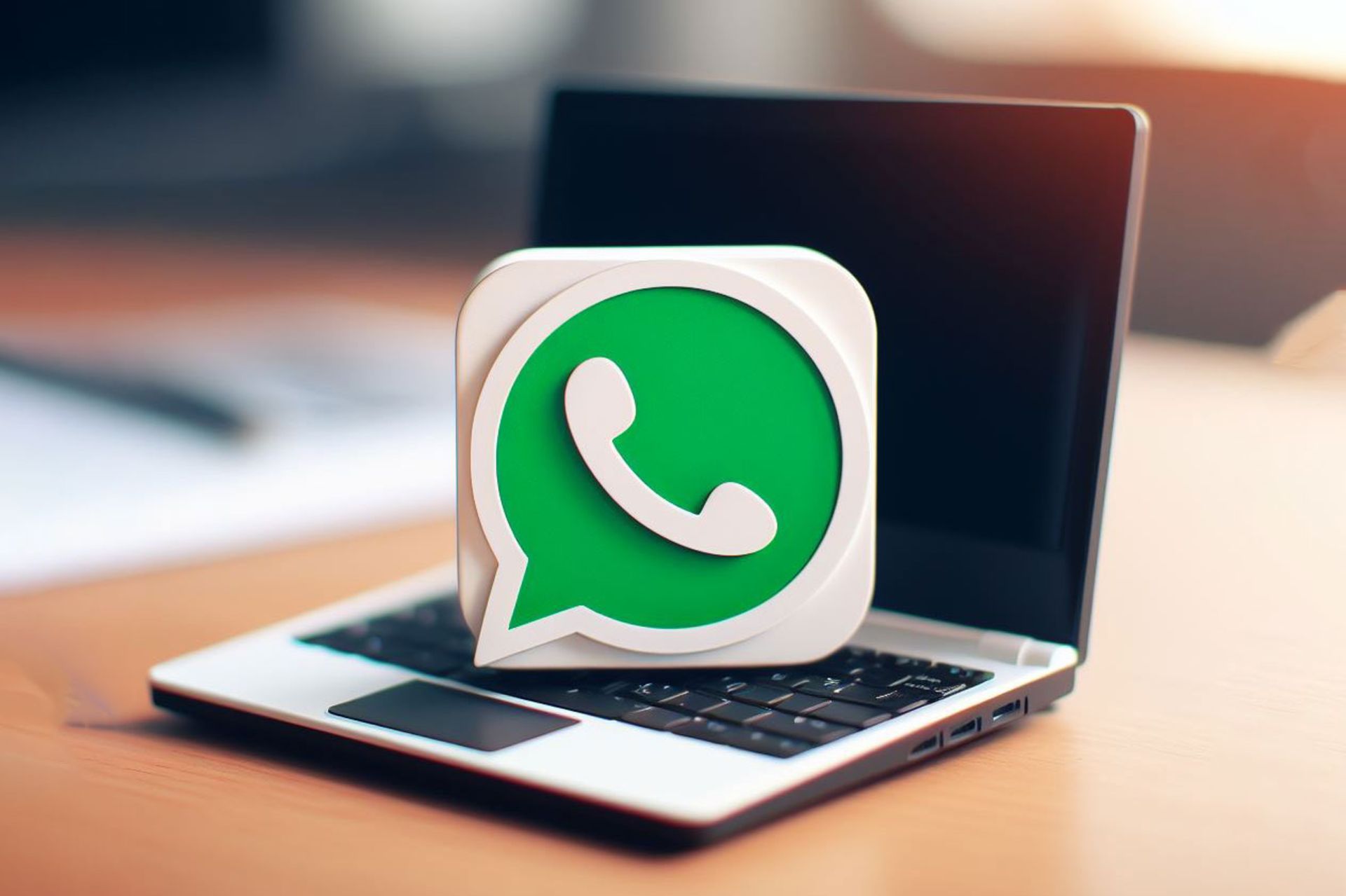 لوگوی واتساپ به صورت سه بعدی روی لپ تاپ قرار گرفته