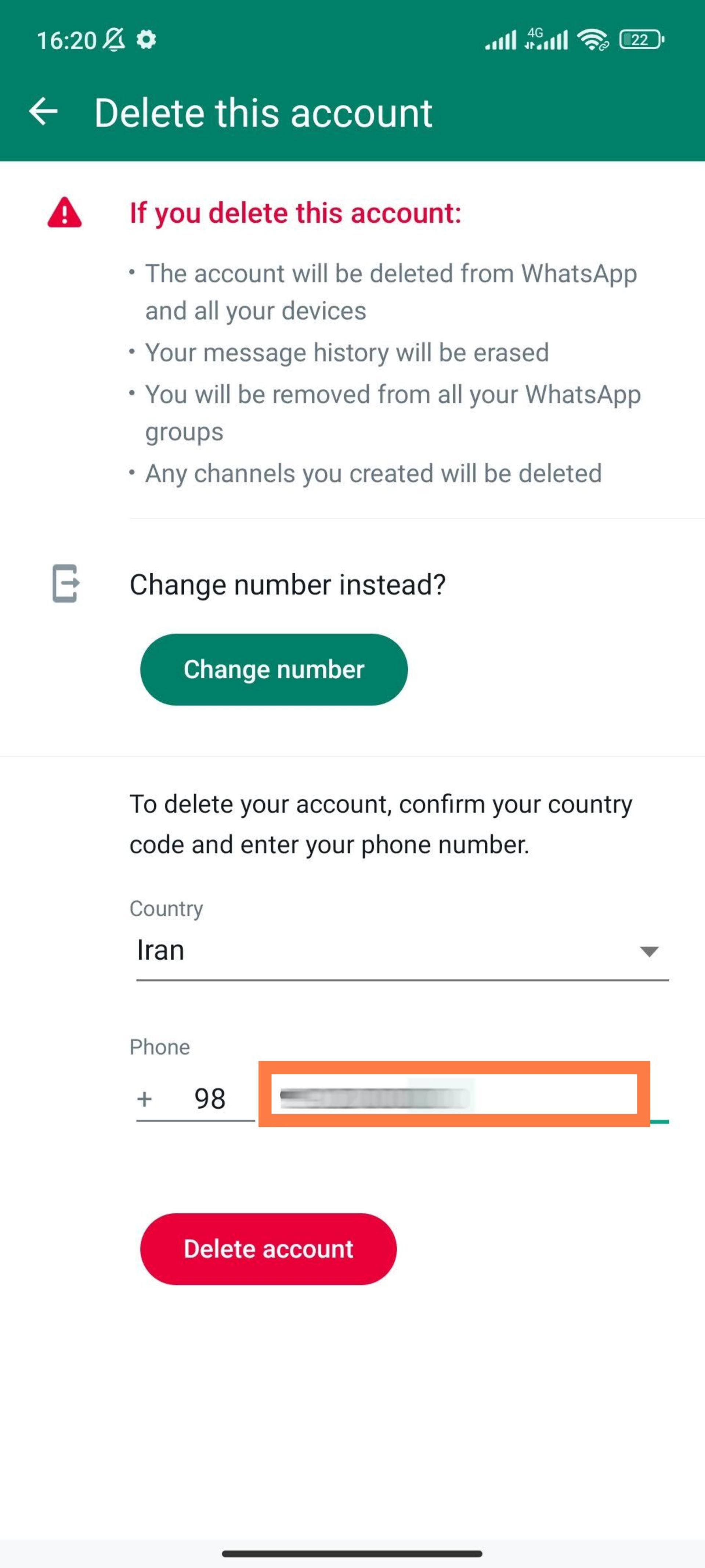 وارد کردن شماره برای حذف اکانت واتساپ