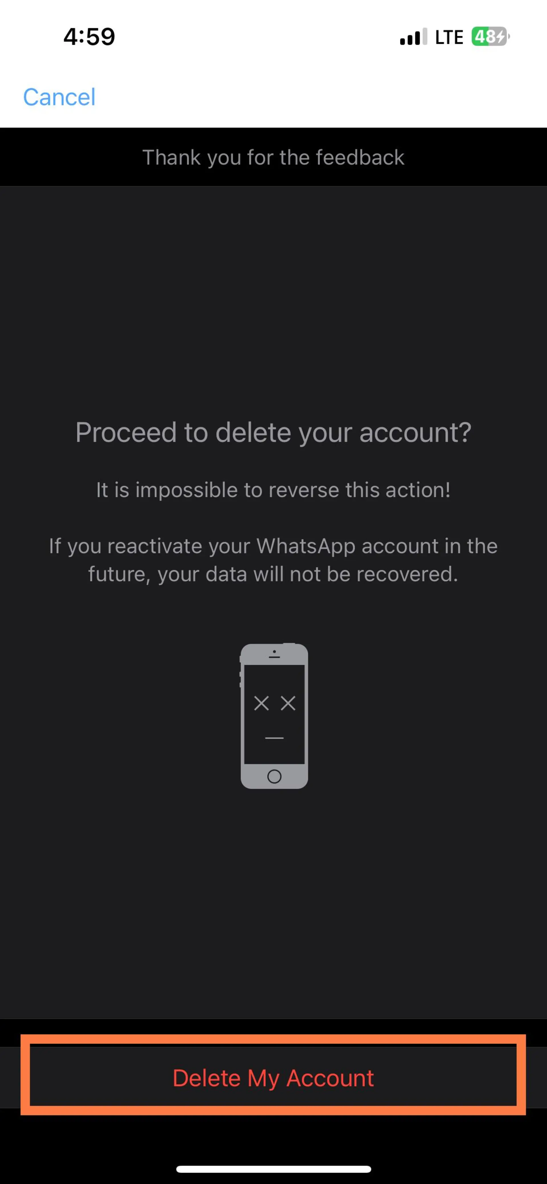 تأیید نهایی حذف اکانت واتساپ در ios
