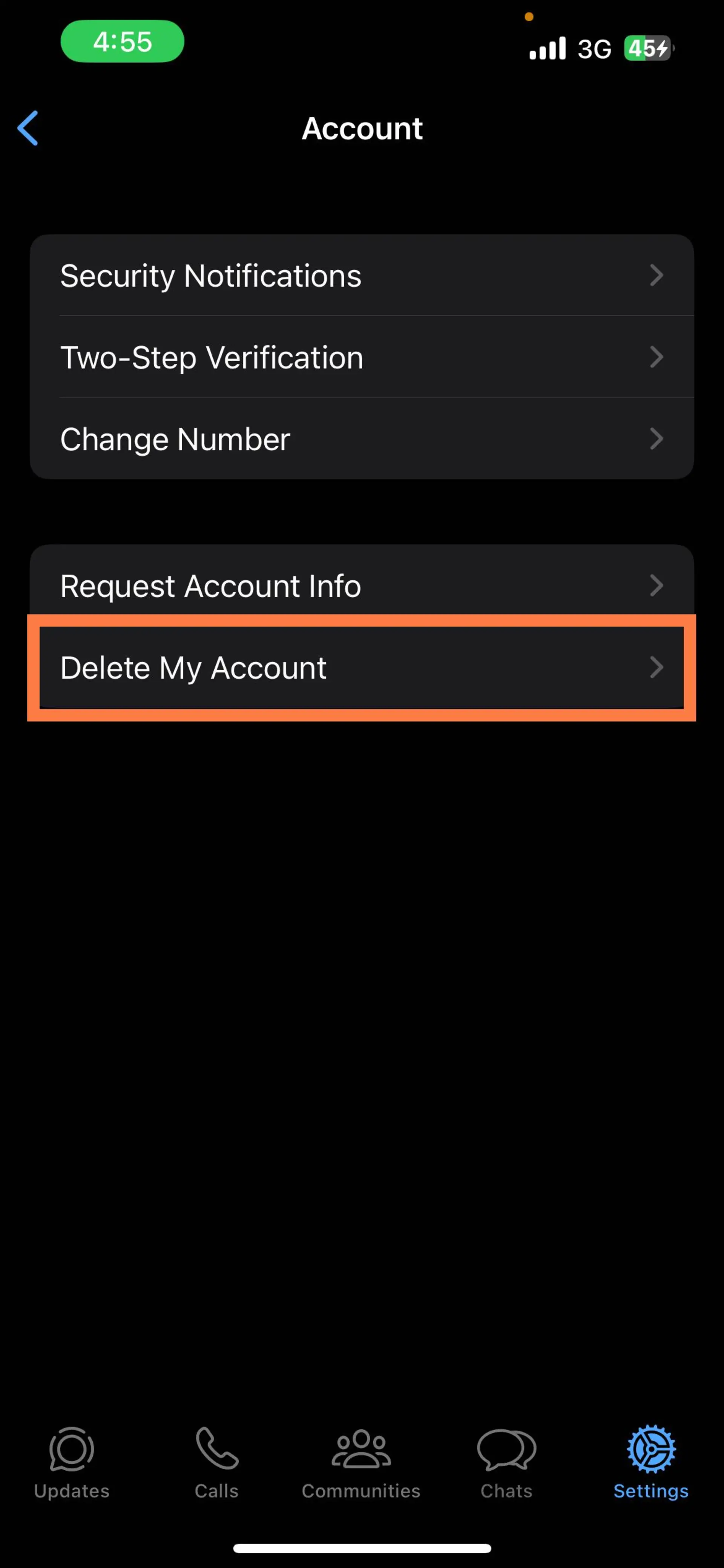 صفحه حذف اکانت واتساپ نسخه ios
