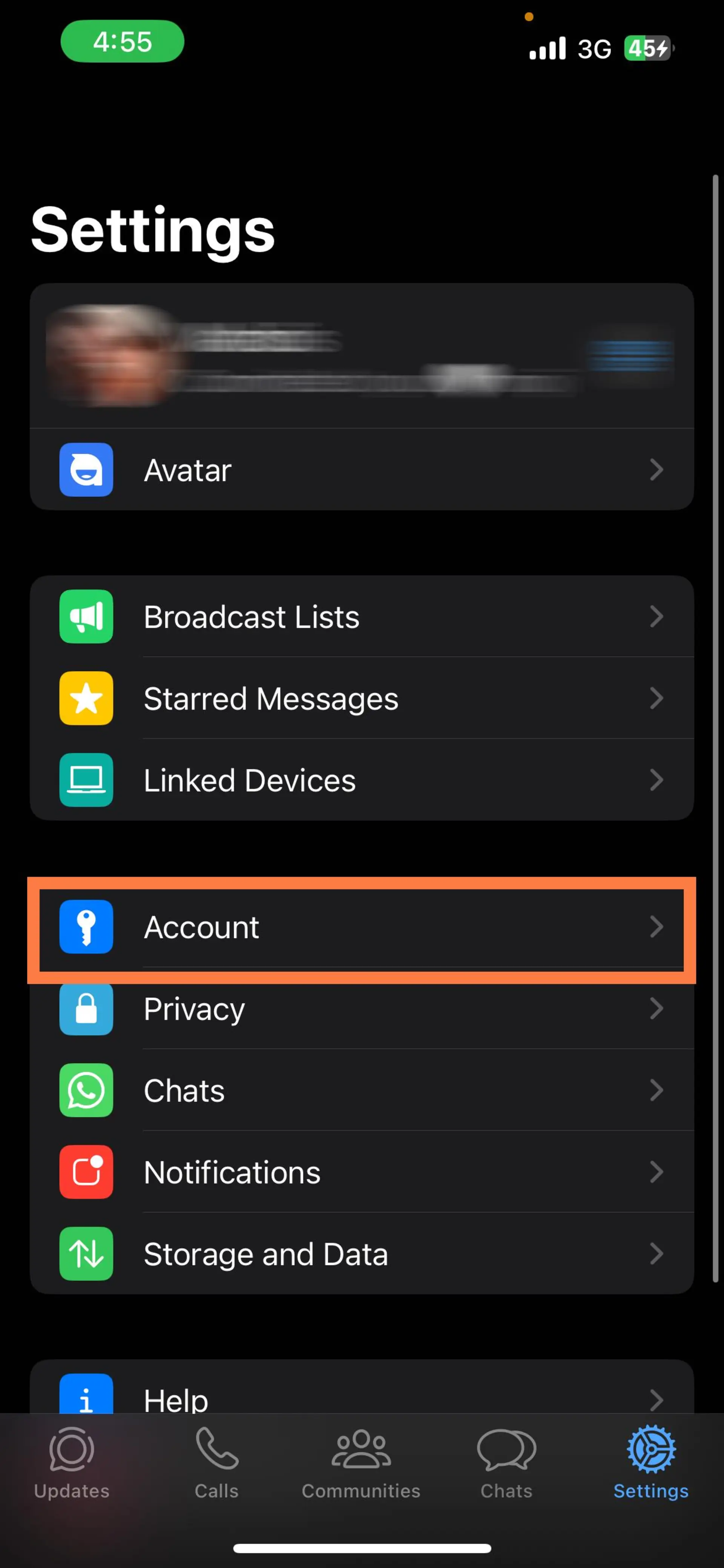 صفحه تنظیمات واتساپ نسخه ios