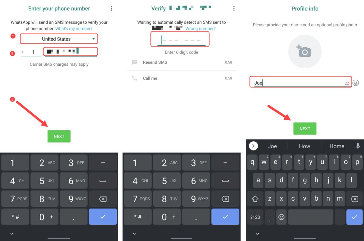 WhatsApp account creation menu