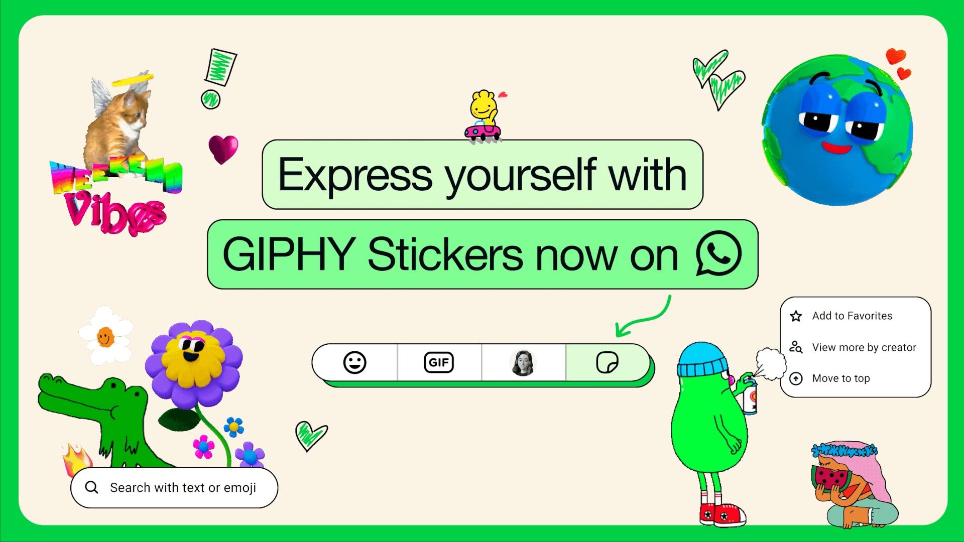 نمای کارتونی گربه، گل، کره‌ی زمین و دایناسور در داخل یک قاب و عبارت Giphy Stickers