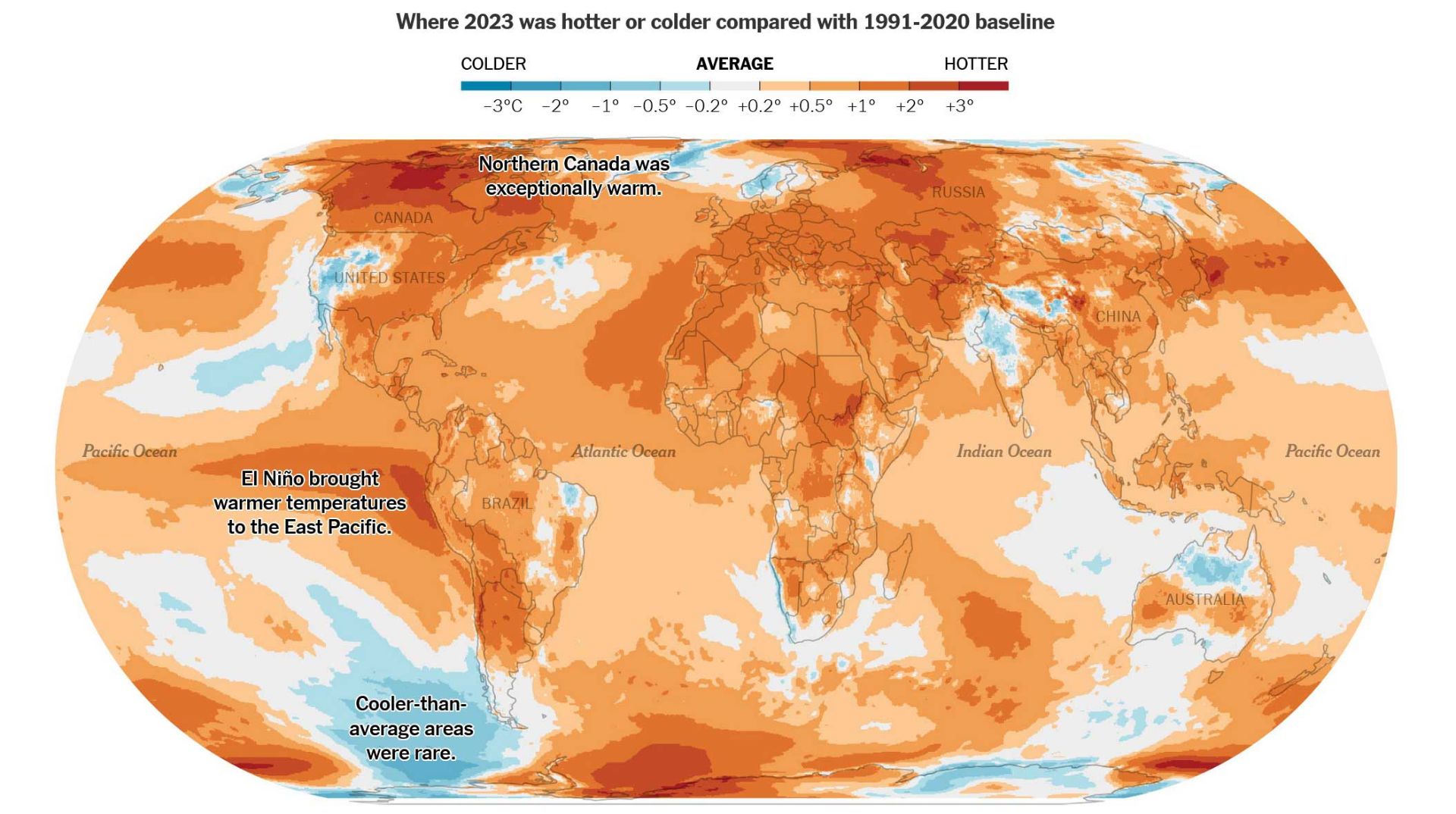 مقایسه دمای مناطق جهان در ۲۰۲۳ با میانگین دمای ۱۹۹۱ تا ۲۰۲۰