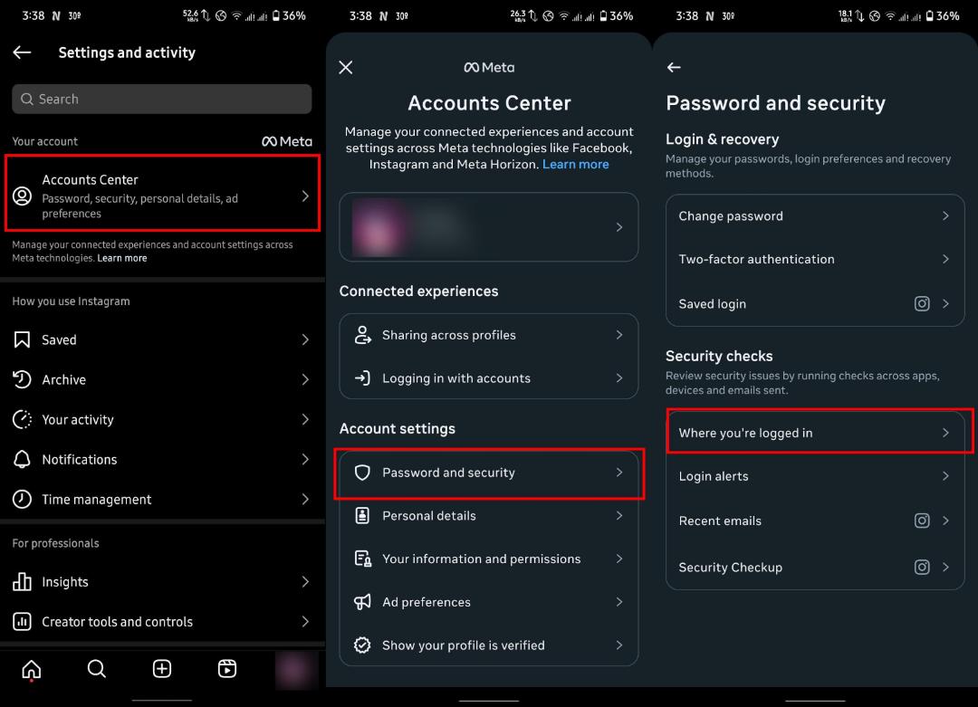 مسیر دسترسی به بخش «Where you're logged in» در تنظیمات امنیتی اینستاگرام برای مشاهده دستگاه‌هایی که با حساب وارد شده‌اند.