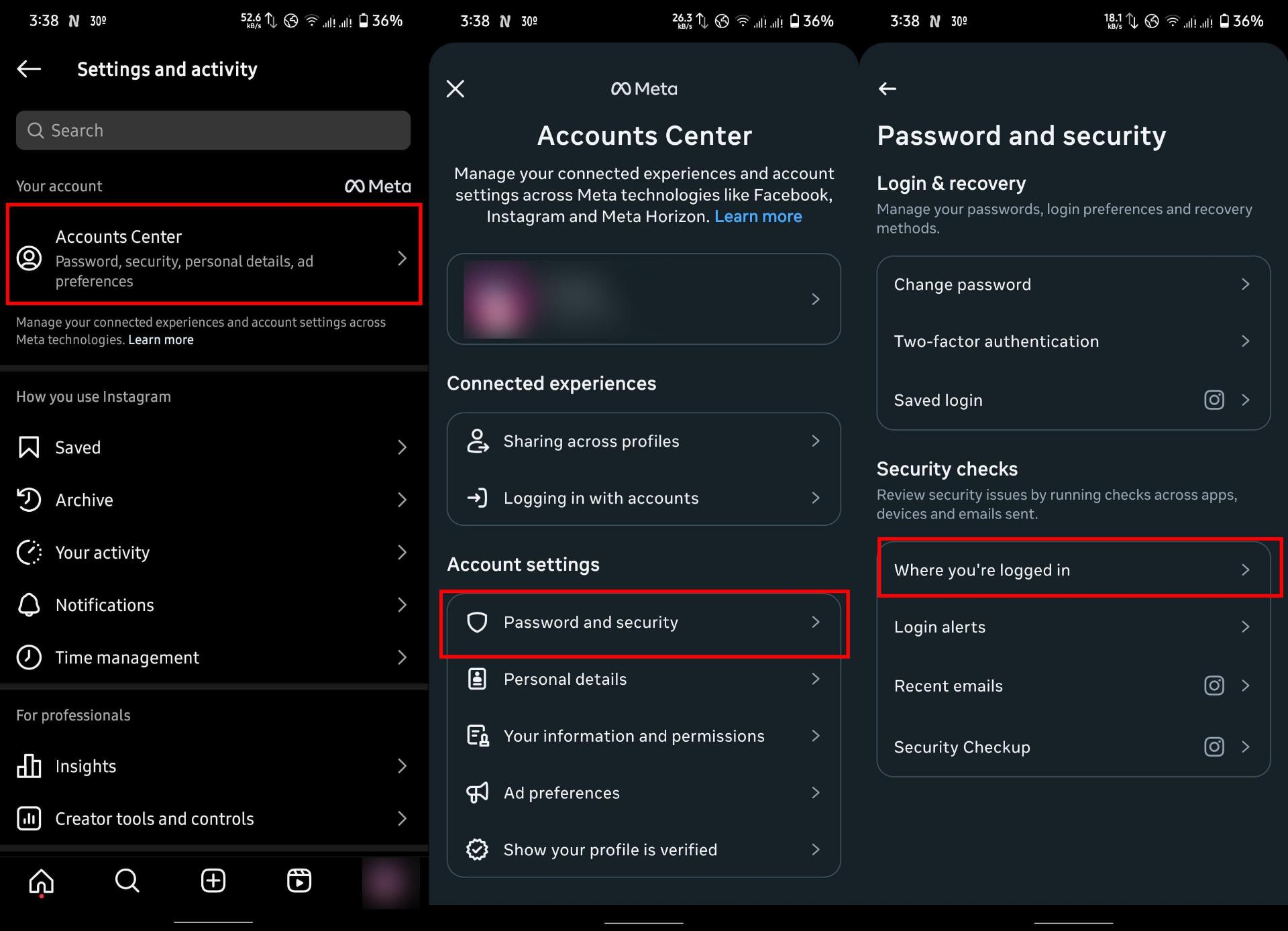 مسیر دسترسی به بخش «Where you're logged in» در تنظیمات امنیتی اینستاگرام برای مشاهده دستگاه‌هایی که با حساب وارد شده‌اند.