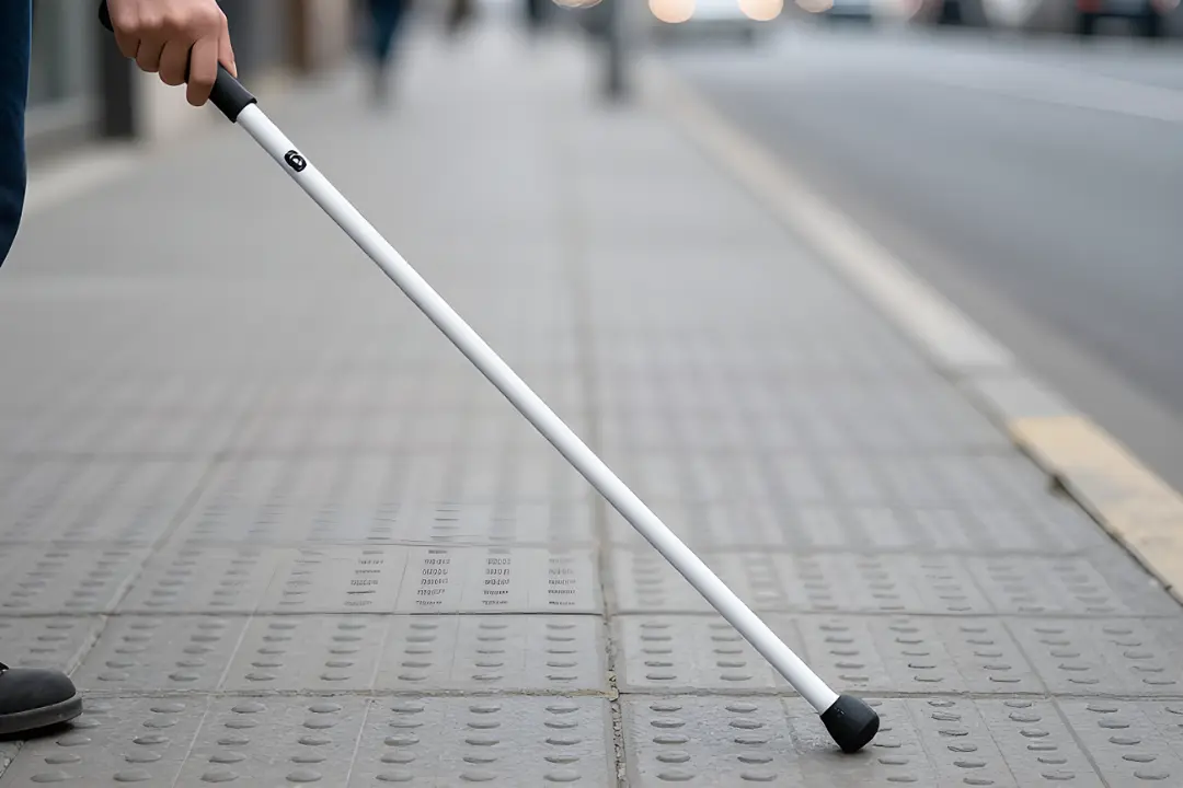 عصای سفید (White Cane) روی پیاده‌رو با بافت برجسته برای هدایت نابینایان