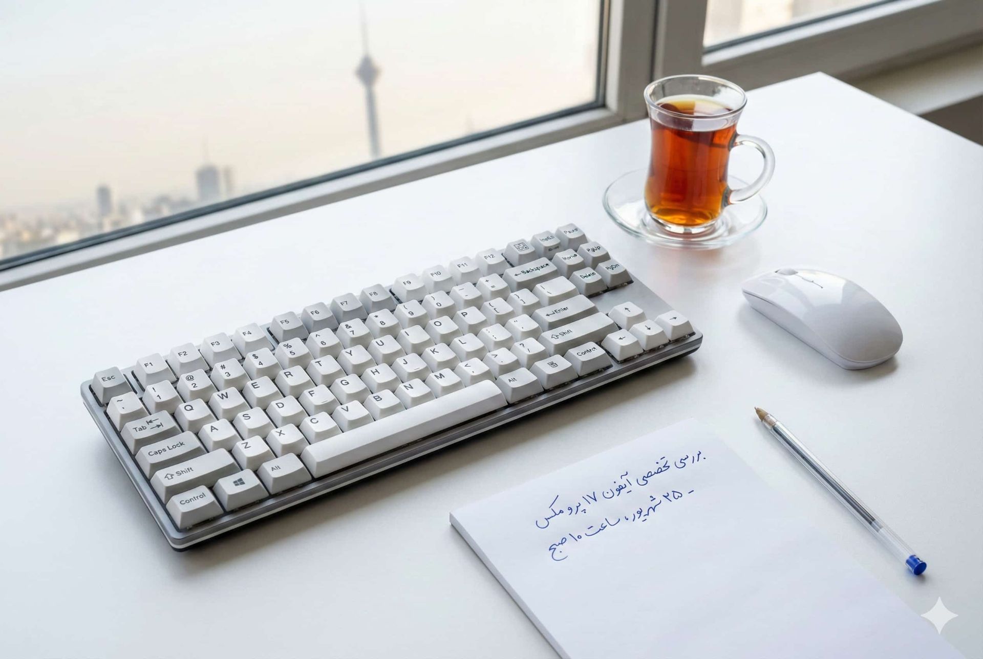 یک متن یادداشت در کنار یک کیبورد و یک فنجان چای روی میز با پس زمینه تهران