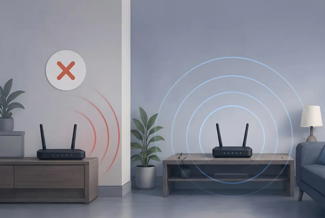 سیگنال وای‌فای (Wi-Fi) با مانع دیوار در یک فضای داخلی مواجه شده است