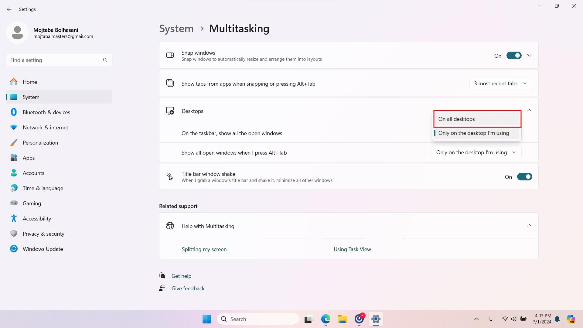 Settings for how to display the taskbar in Windows 11 virtual desktops