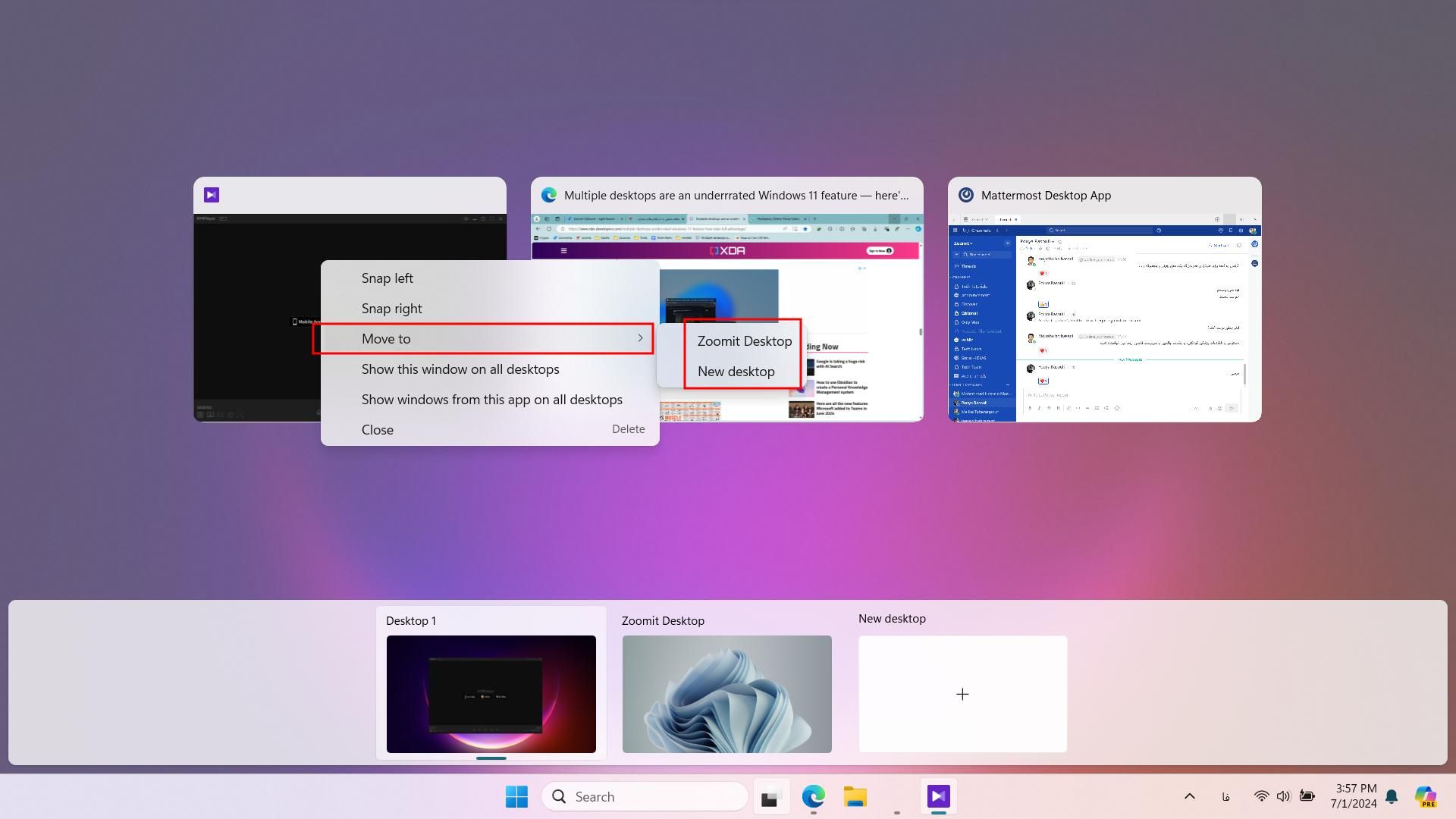 جا به جایی برنامه ها بین دسکتاپ های مجازی ویندوز ۱۱