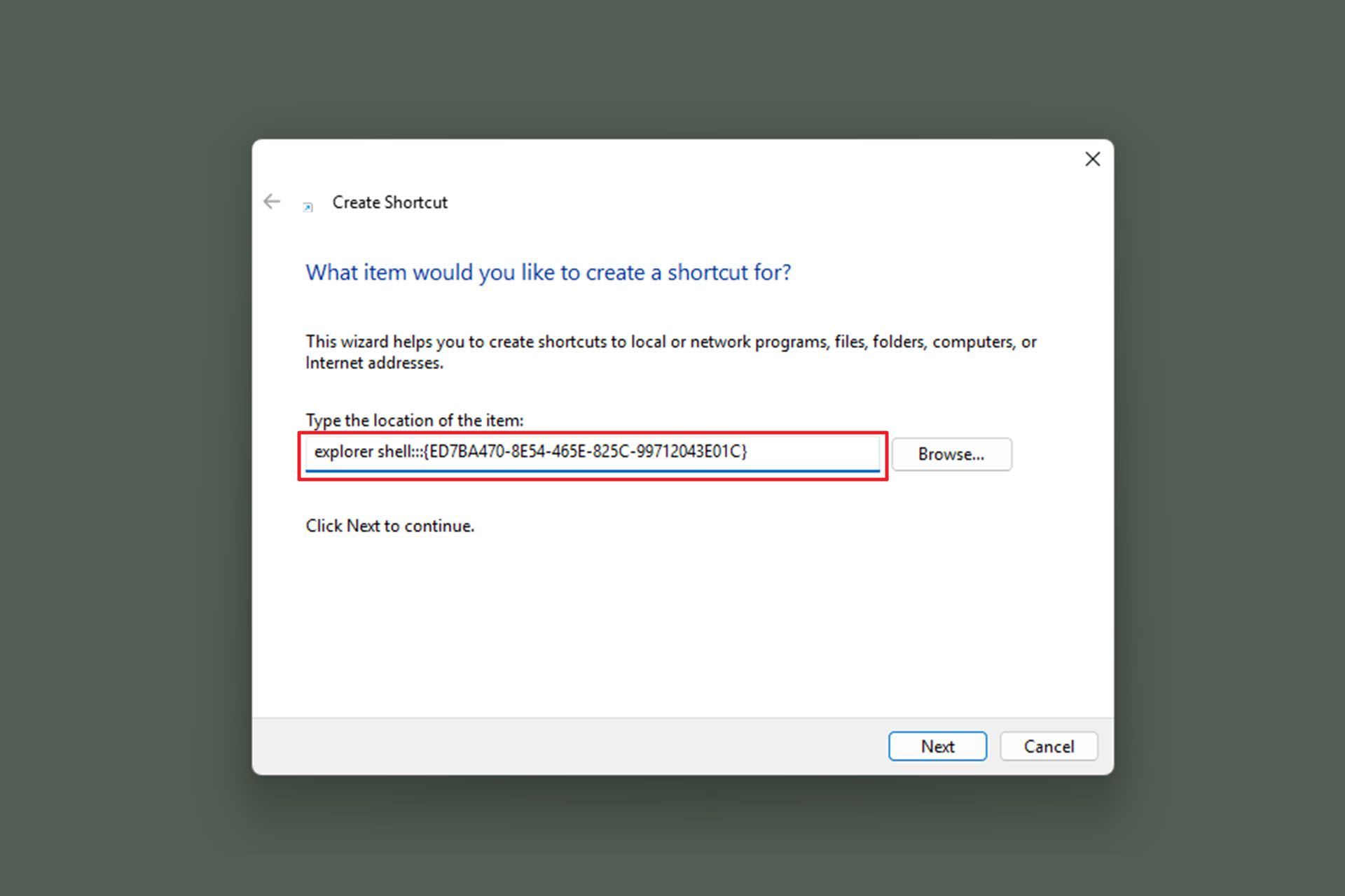 تغییر لوکیشن شورت کارت برای ایجاد پوشه گاد مود در ویندوز ۱۱