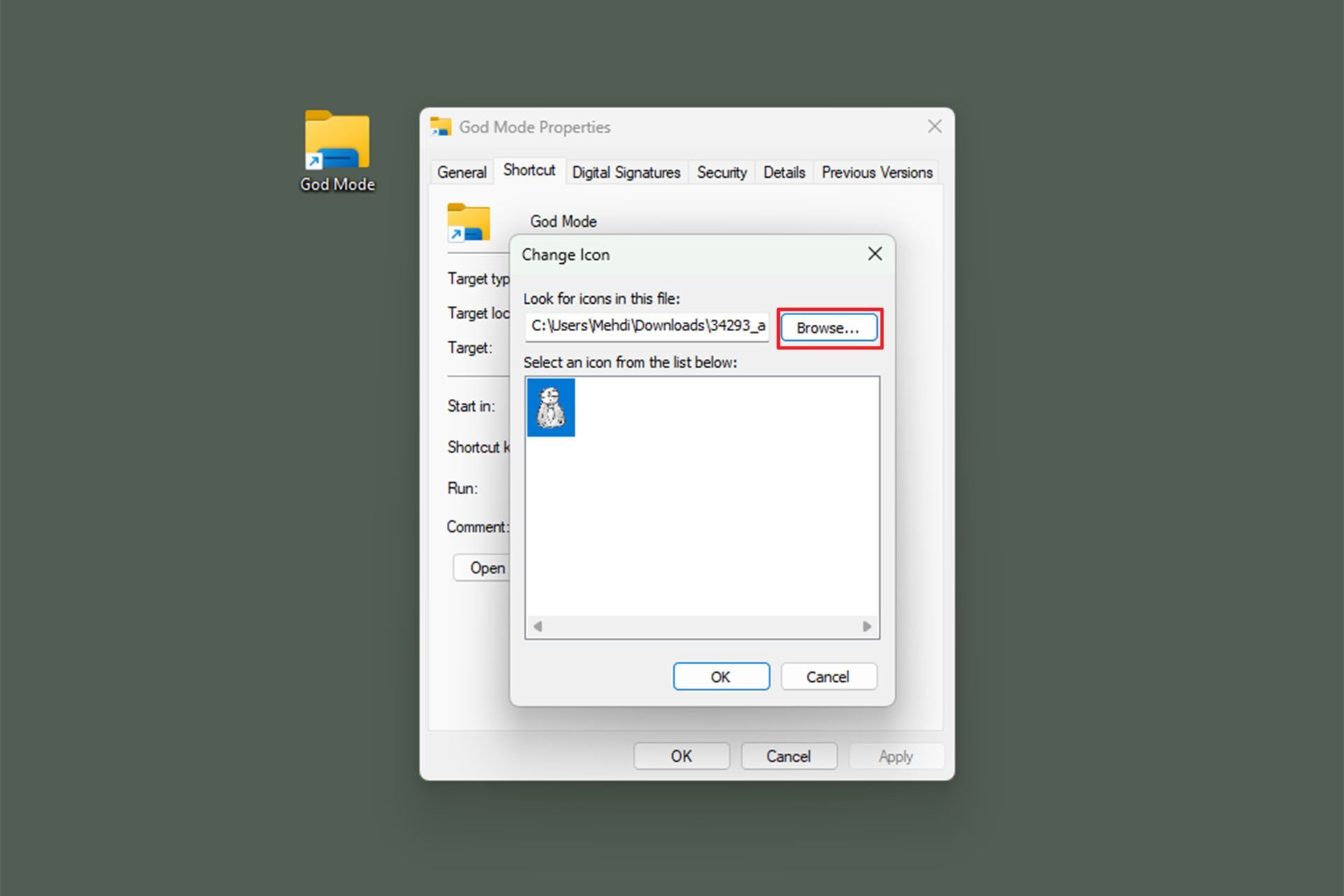 انتخاب گزینه‌ی browse در  پنجره properties شورتکات گاد مود