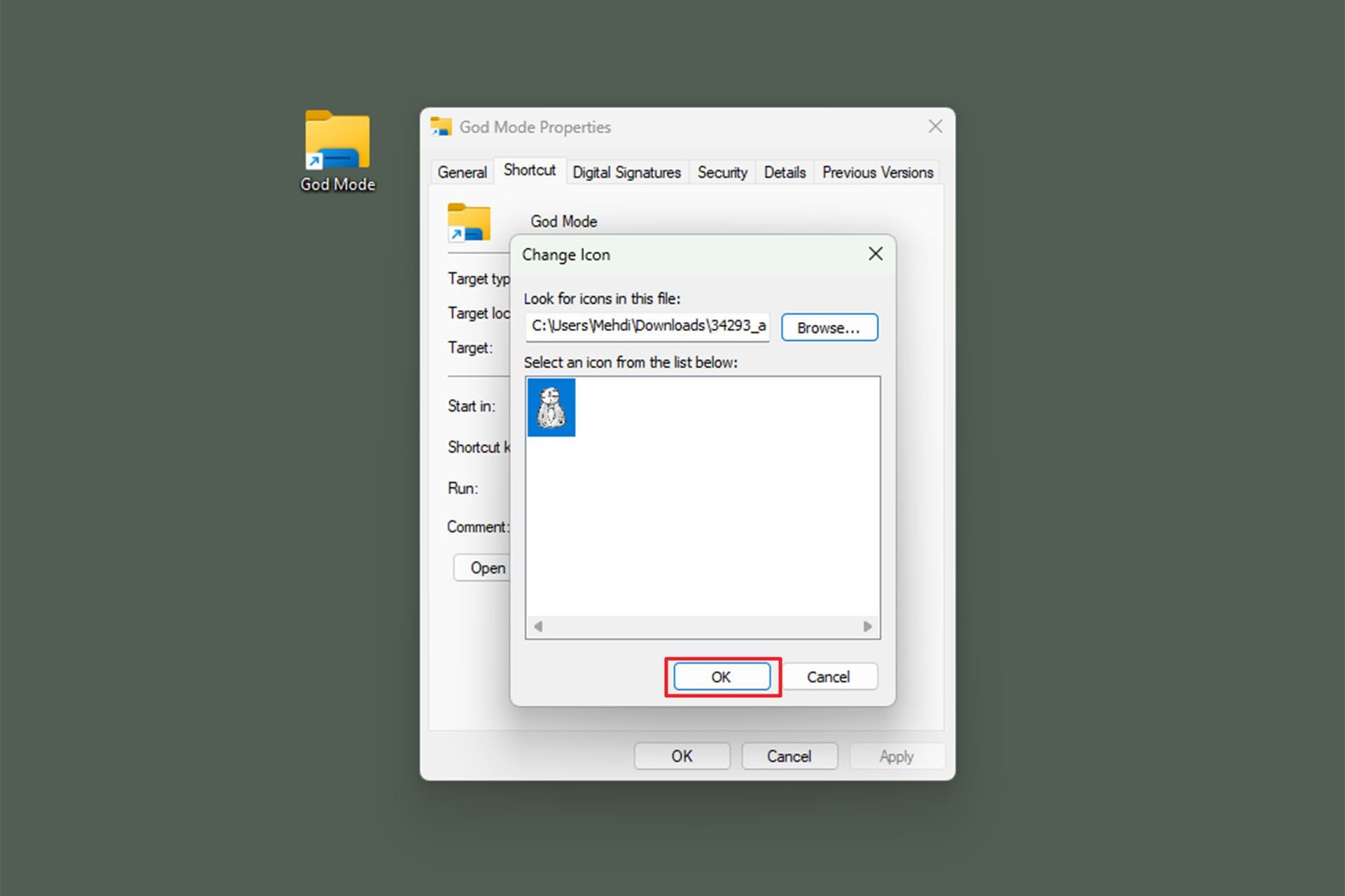 کلیک روی ok در پنجره انتخاب ایکون شورتکات گاد مود