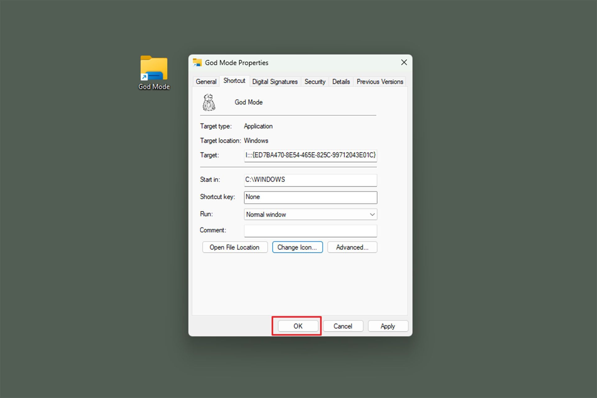 کلیک روی ok در پنجره properties شورتکات گاد مود