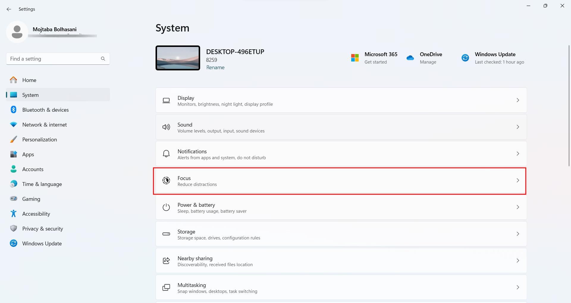 Windows 11 settings menu and Focus option