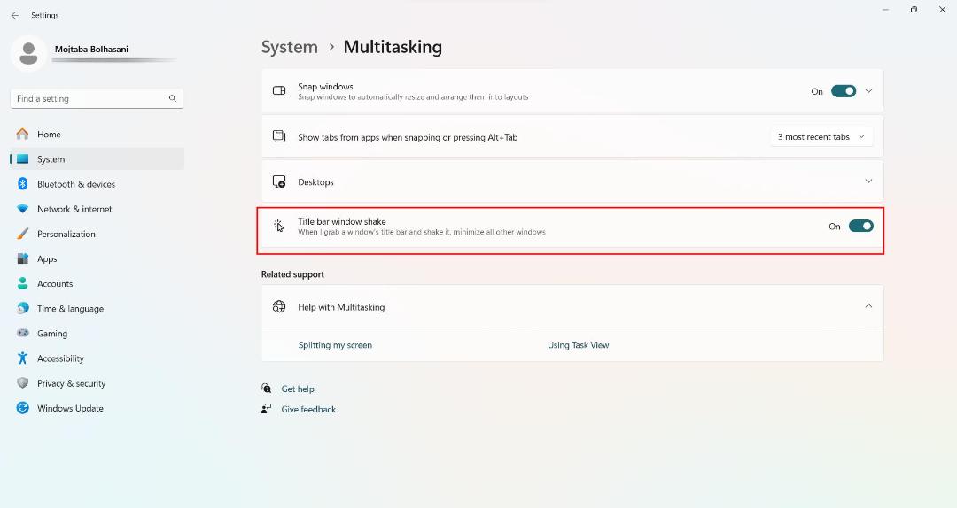 گزینه Title bar window shake ویندوز ۱۱