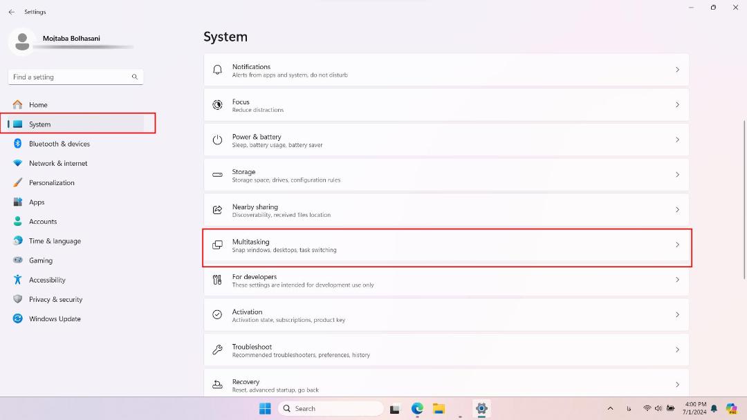 تنظیمات Multitasking در تنظیمات ویندوز ۱۱