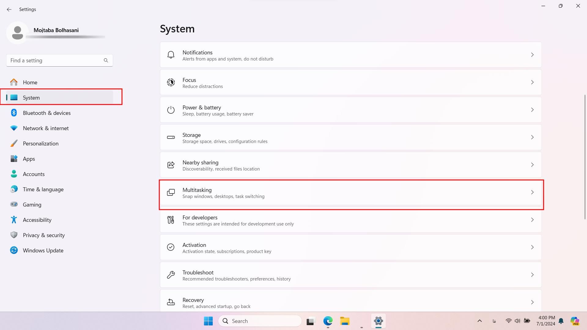 Multitasking settings in Windows 11 settings