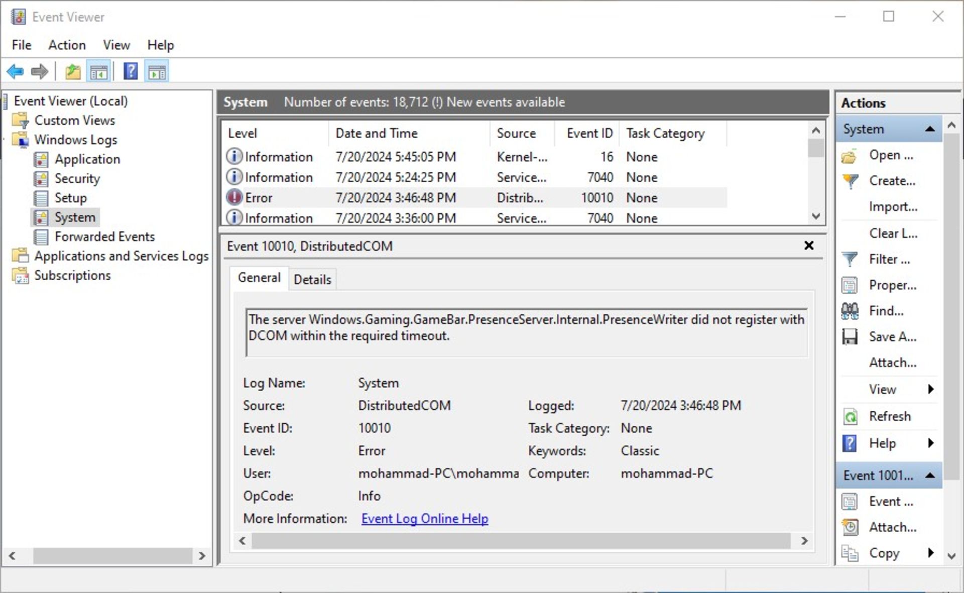 پنجره event viewer ویندوز ۱۰