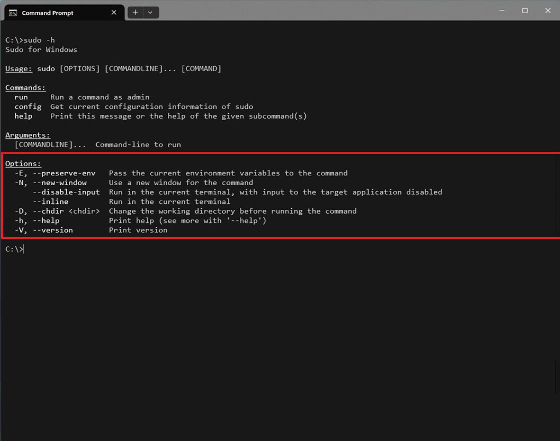صفحه‌ی خط فرمان نشان‌دهنده‌ی آپشن‌های موجود برای دستور sudo در ویندوز ۱۱