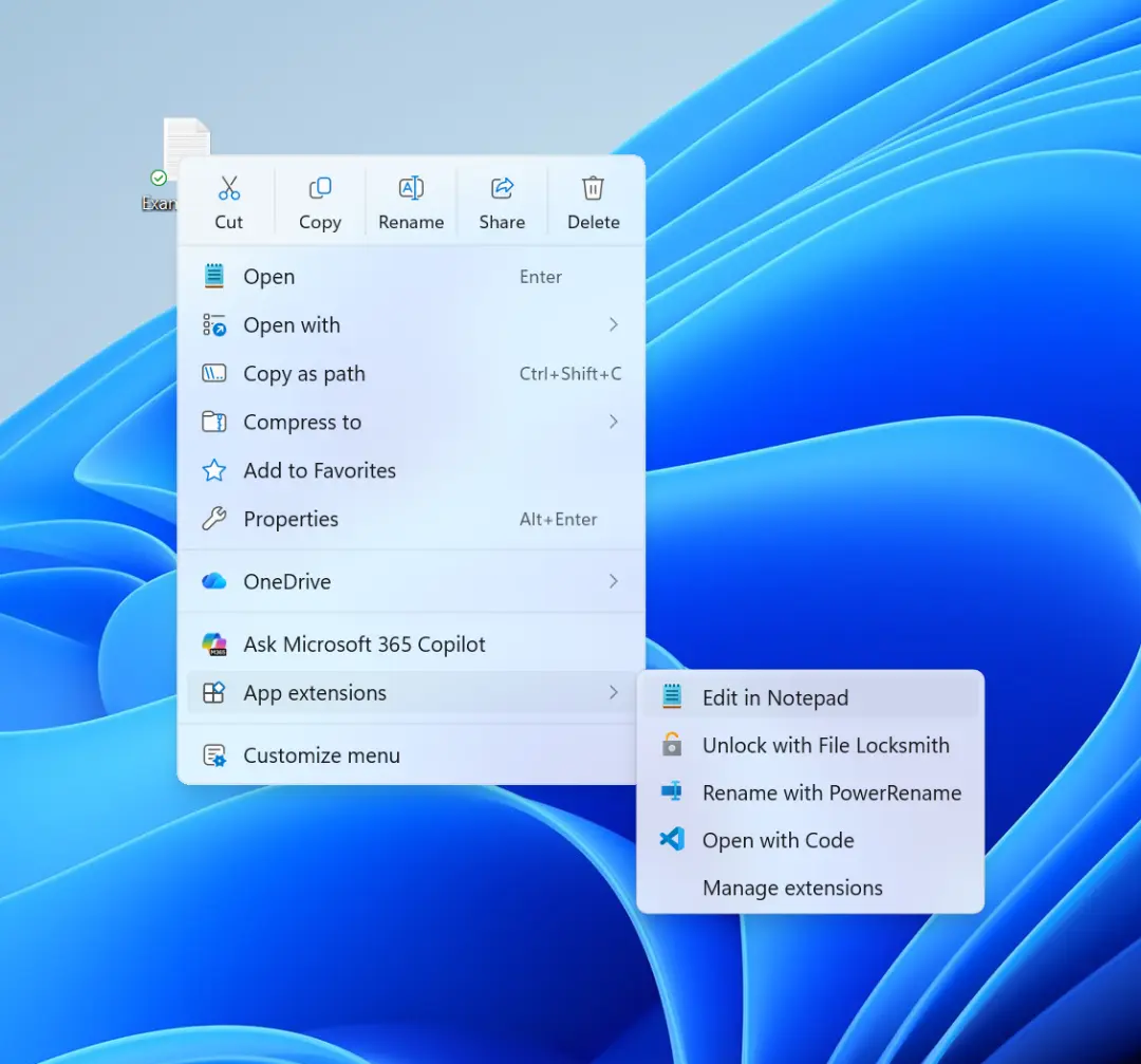 منوی راست‌کلیک ویندوز ۱۱ (Windows 11) با گزینه‌های مدیریت فایل و افزونه‌ها