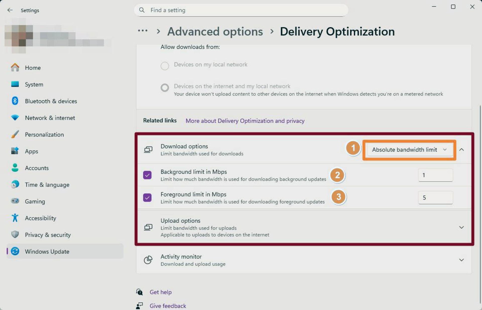 مراحل تعیین محدودیت سرعت برای دانلود اپدیت در ویندوز ۱۱