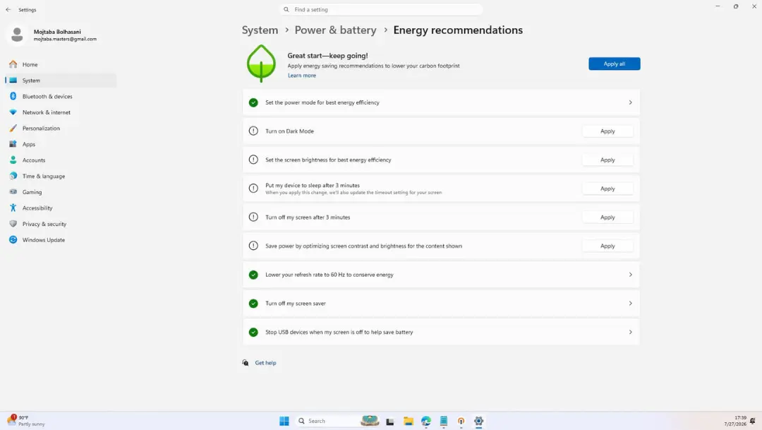 نمای صفحه تنظیمات Energy recommendations در سیستم عامل ویندوز ۱۱ برای بهینه‌سازی مصرف انرژی