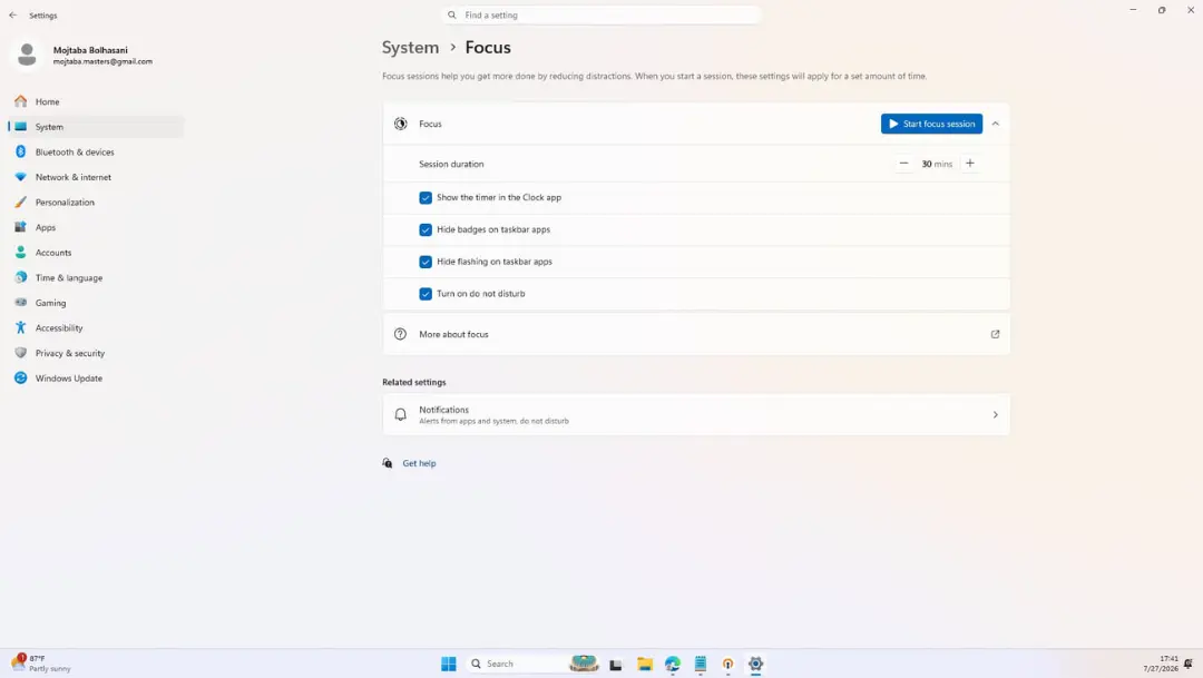 نمای تنظیمات بخش تمرکز یا Focus در منوی System ویندوز ۱۱ برای مدیریت زمان و کاهش حواس‌پرتی.