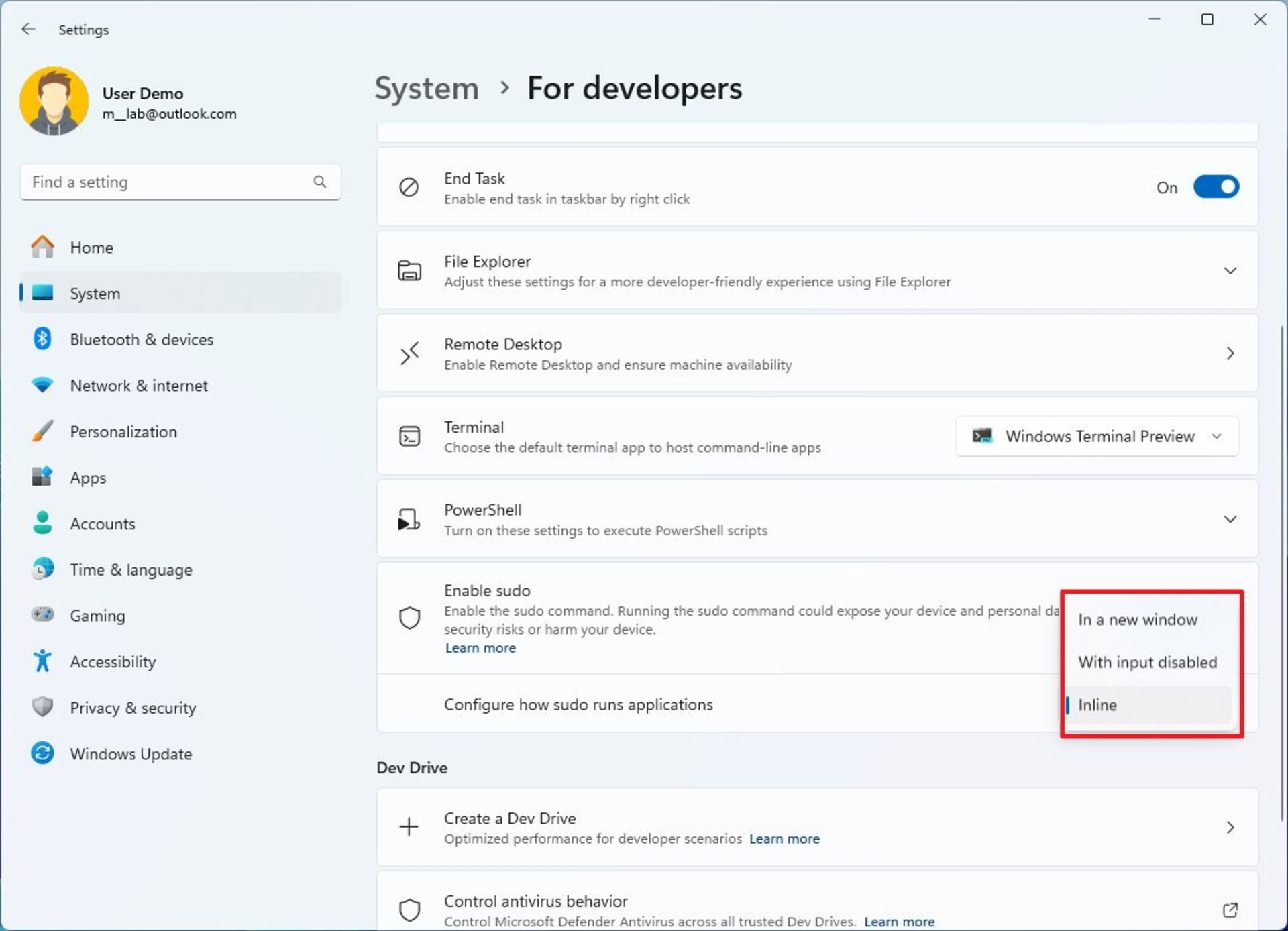 گزینه‌های موجود در تنظیمات Enable sudo ویندوز ۱۱ برای تعیین نحوه‌ی رفتار دستور sudo