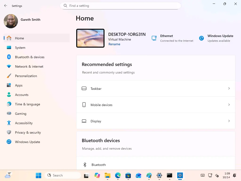 صفحه اصلی تنظیمات (Settings) در نسخه ویندوز ۱۱ اینسایدر (Windows 11 Insider)