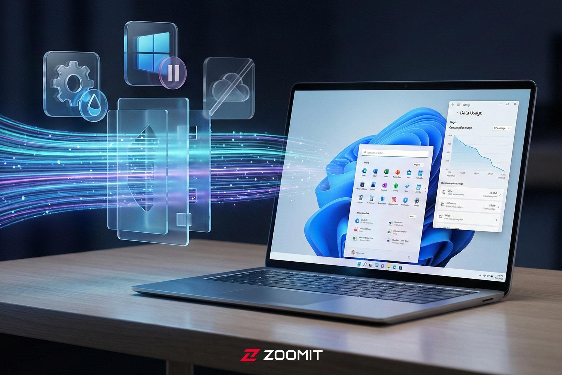 یک لپ تاپ با ویندوز ۱۱ روی یک میز