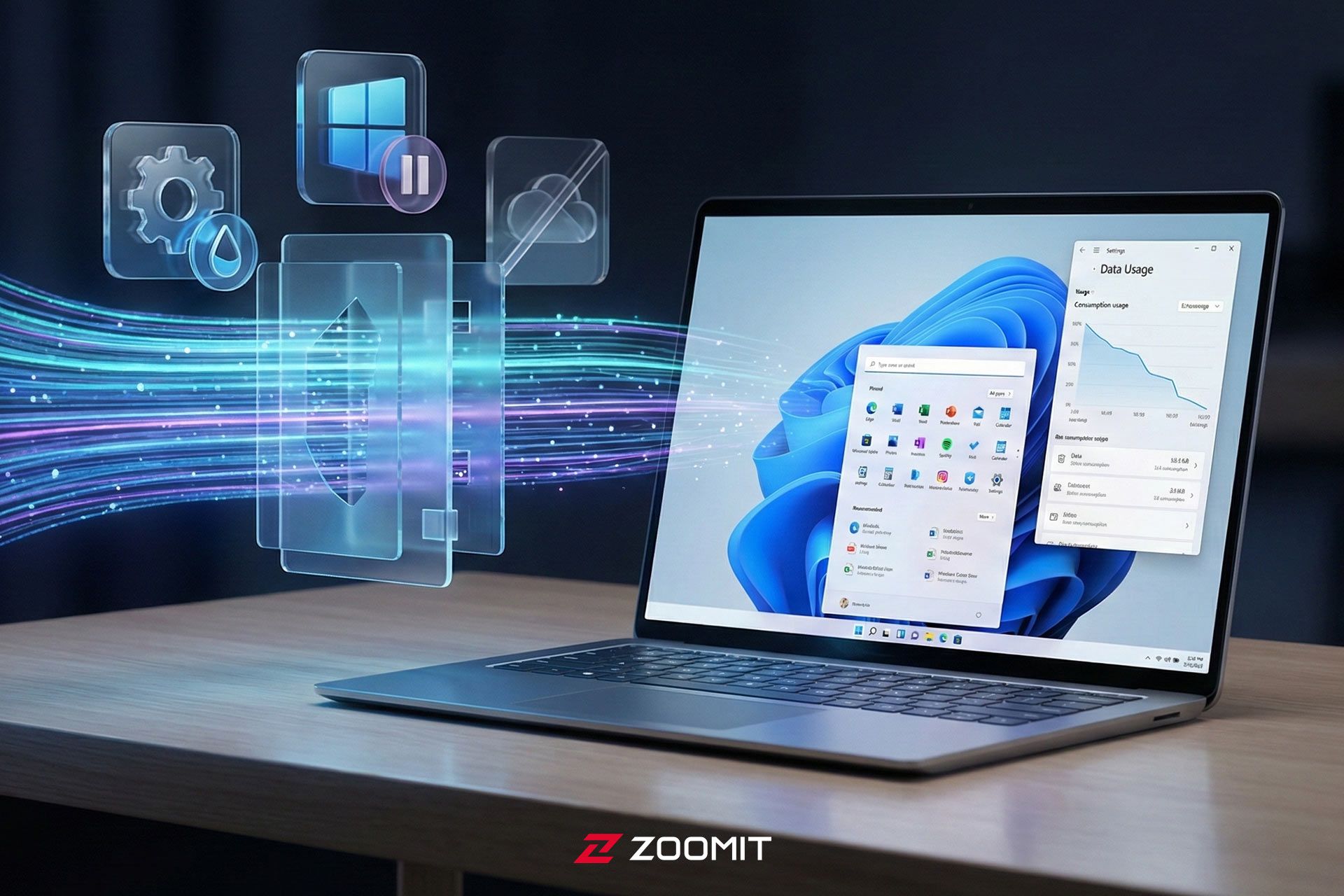 یک لپ تاپ با ویندوز ۱۱ روی یک میز