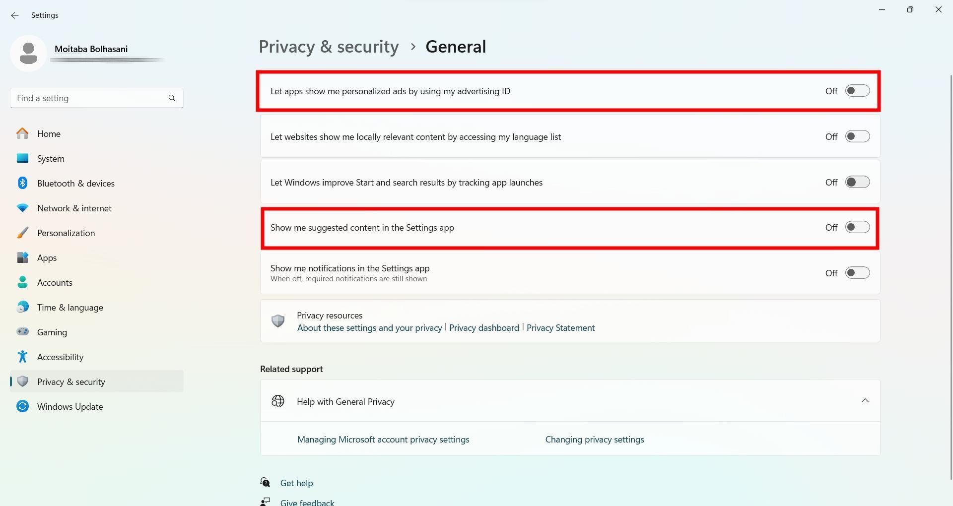 تنظیمات حریم خصوصی ویندوز ۱۱ و خاموش کردن تبلیغات